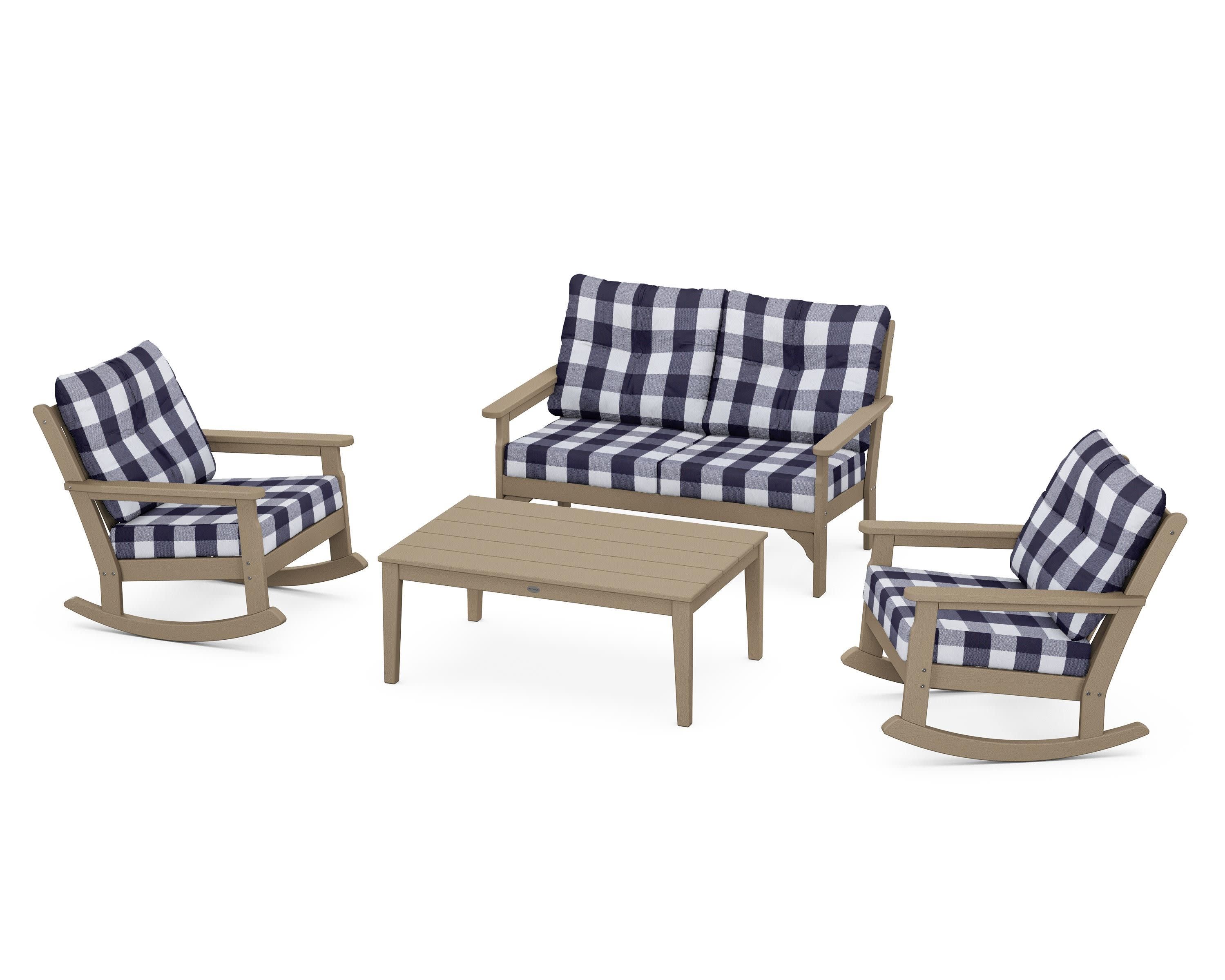 Vineyard 4-Piece Deep Seating Rocking Chair Set in Vintage Sahara / Buffalo Plaid Navy