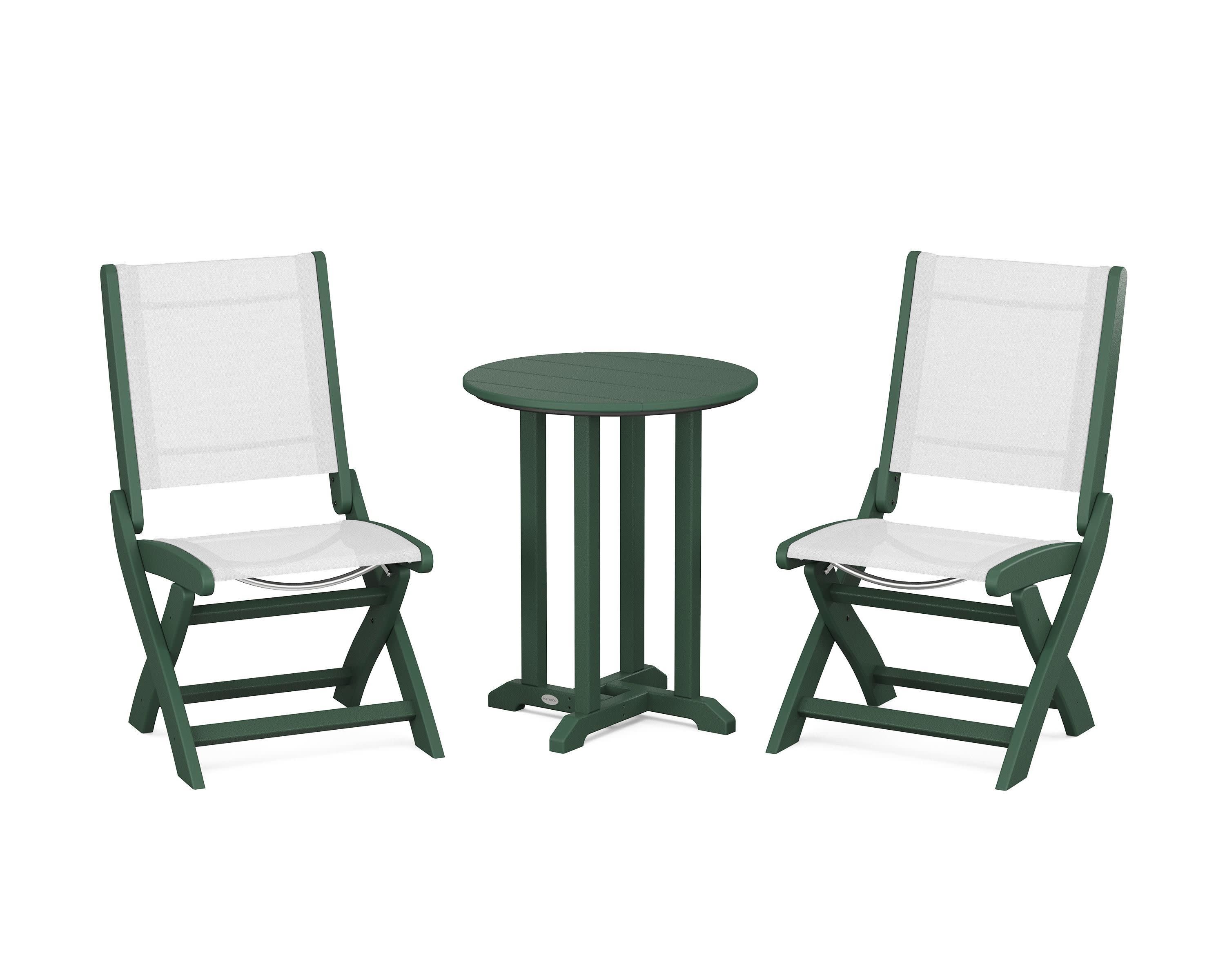 Coastal Folding Side Chair 3-Piece Round Bistro Dining Set in Green / White Sling