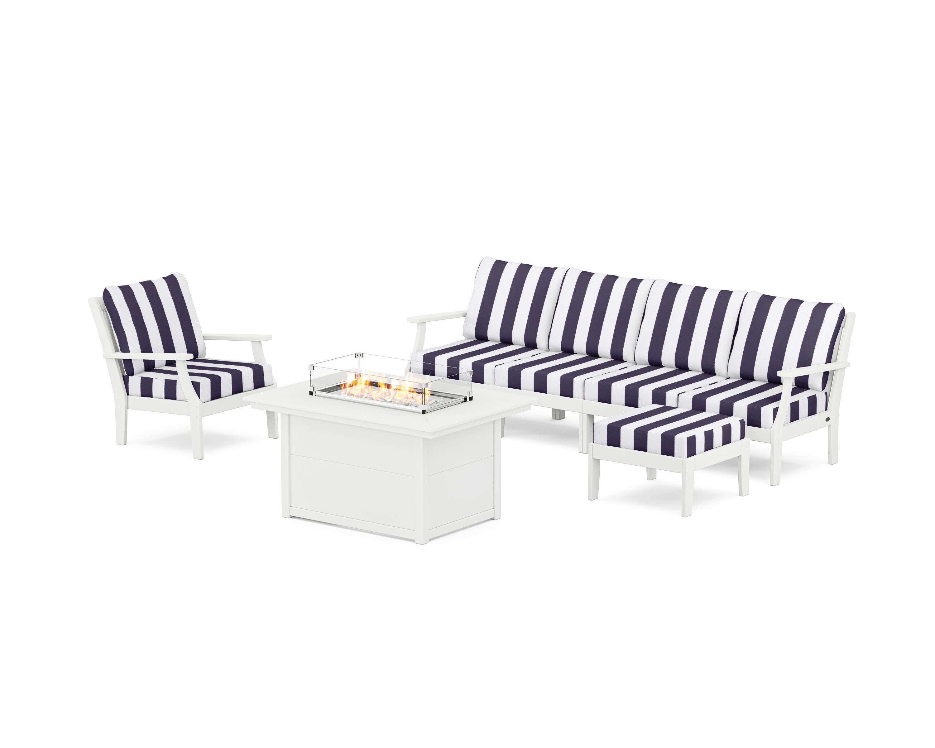 Braxton Sectional Lounge and Fire Pit Set in White / Cabana Stripe Navy
