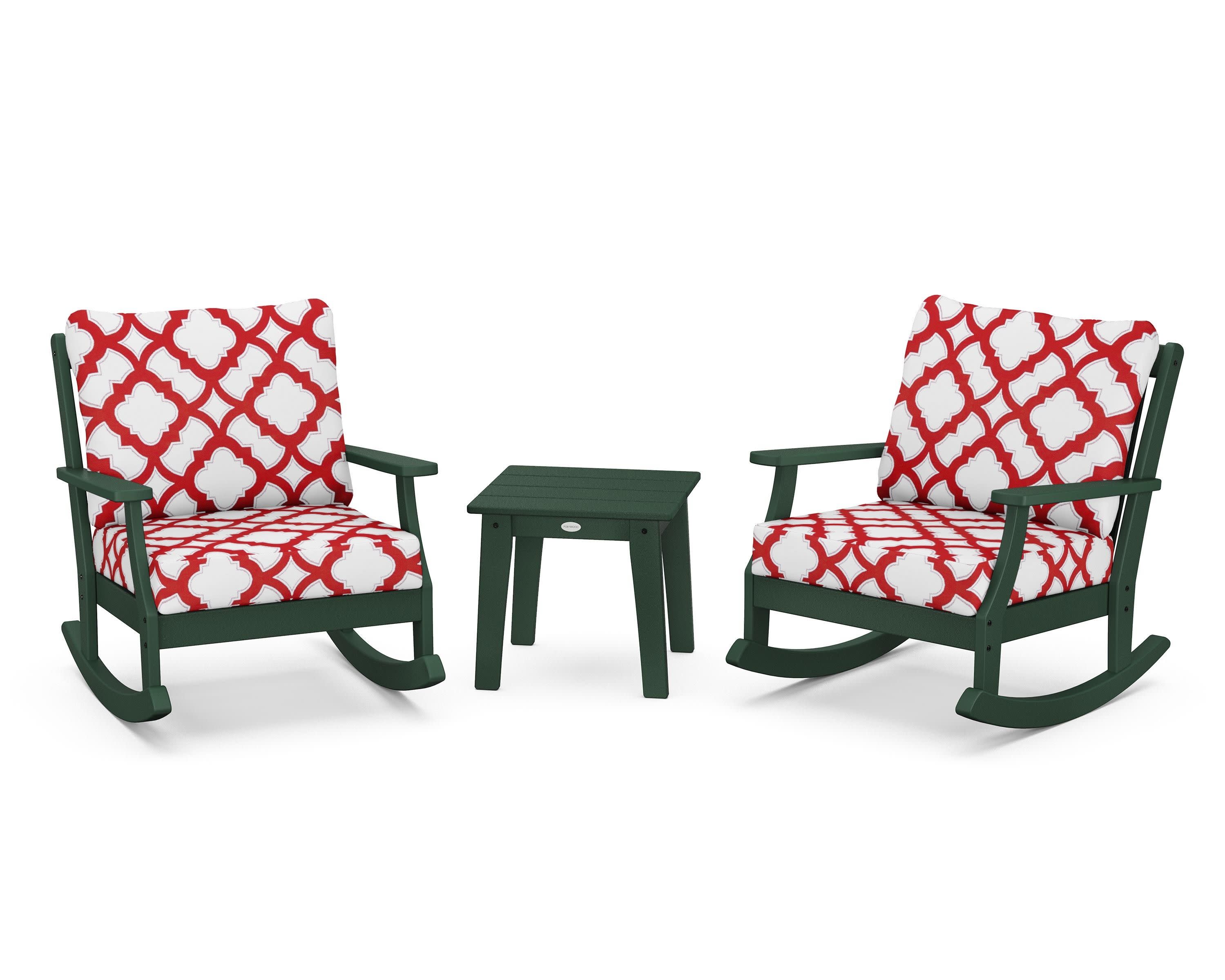 Braxton 3-Piece Deep Seating Rocker Set in Green / Trellis Crimson