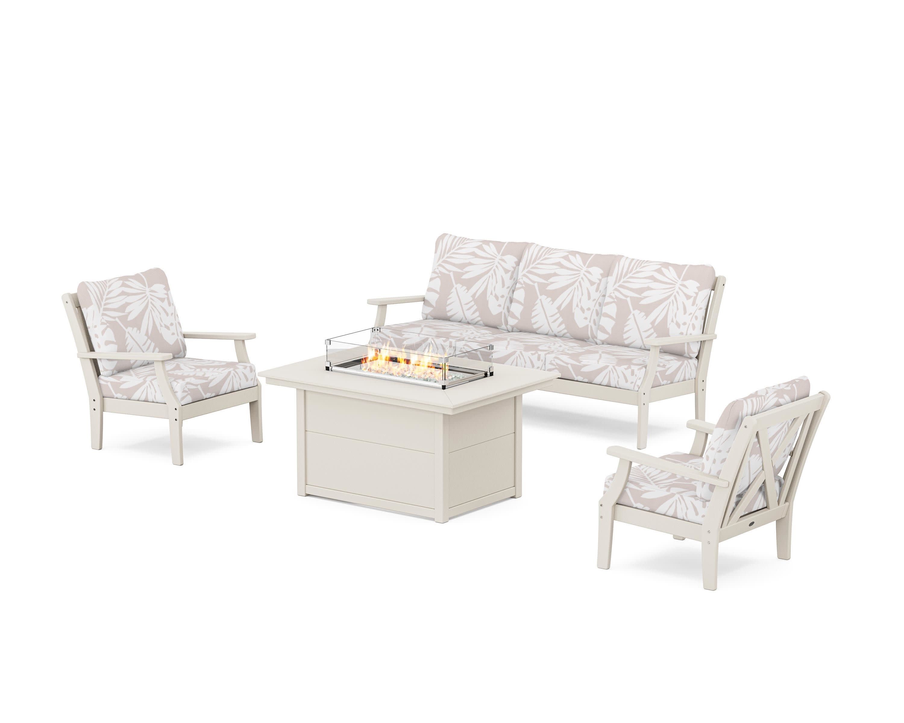 Braxton Deep Seating Fire Pit Table Set in Sand / Leaf Dune Burlap