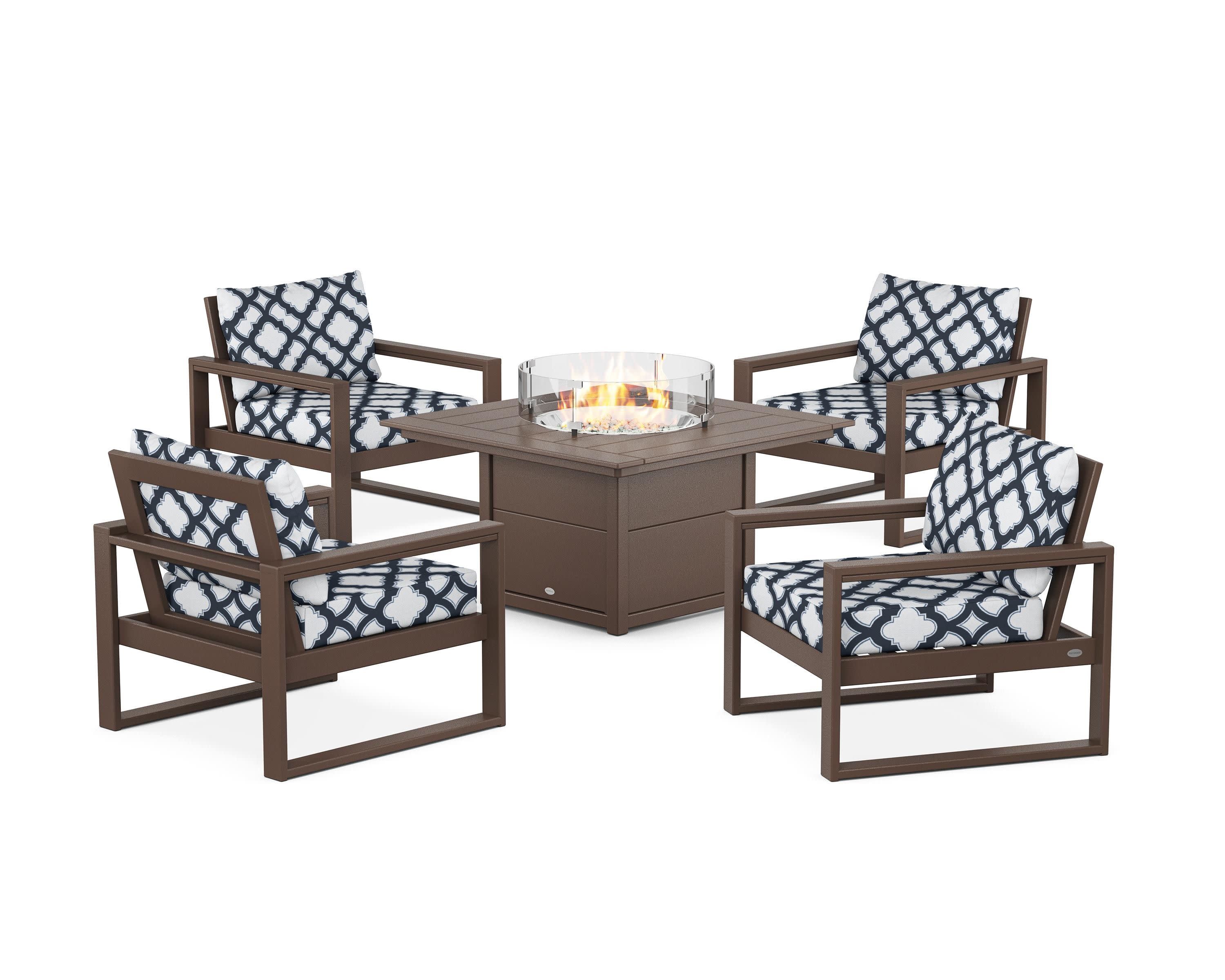 EDGE Sectional 5-Piece Deep Seating Set with Fire Pit Table in Mahogany / Trellis Marine Indigo