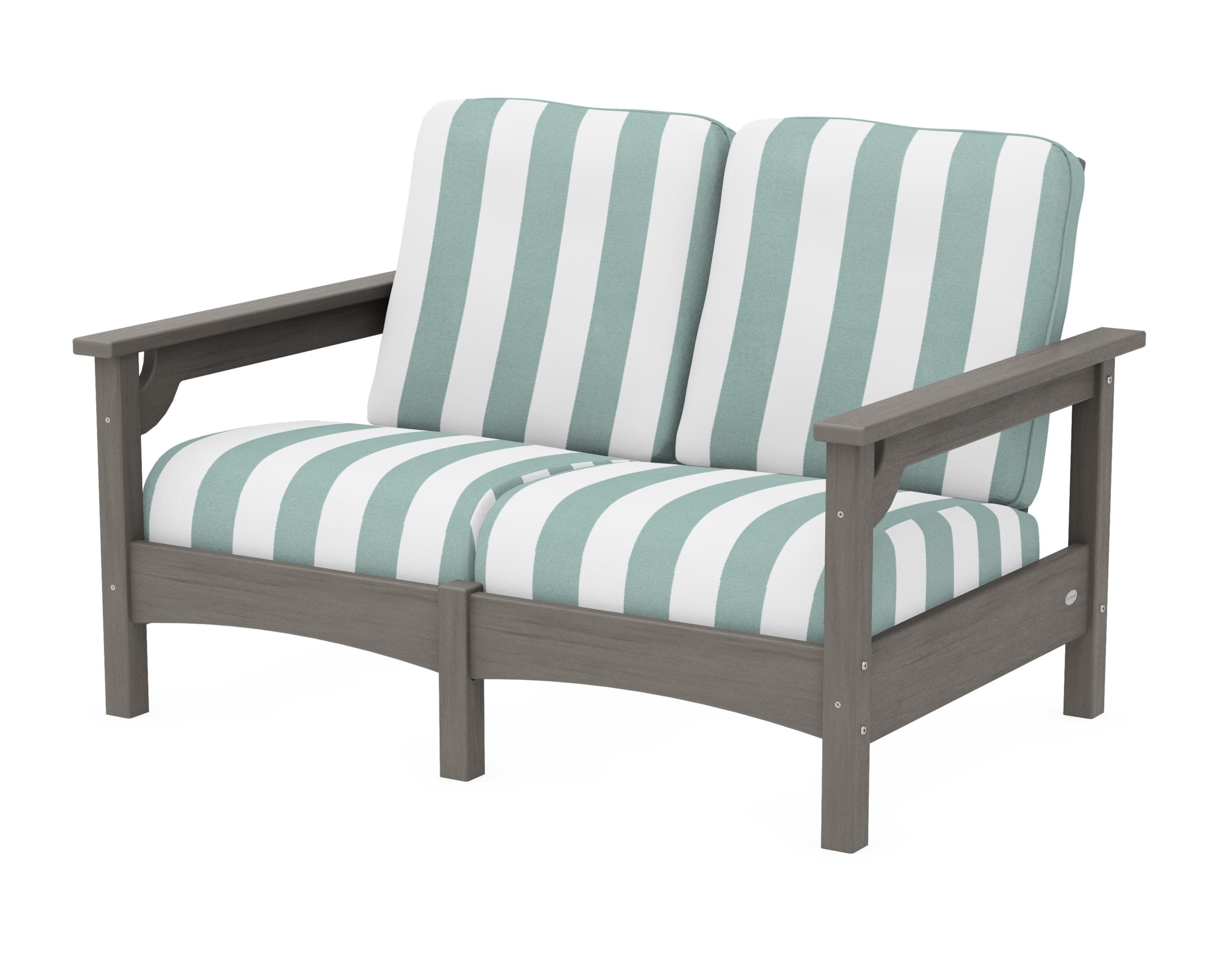 Club Loveseat in Driftwood / Cabana Stripe Glacier Spa