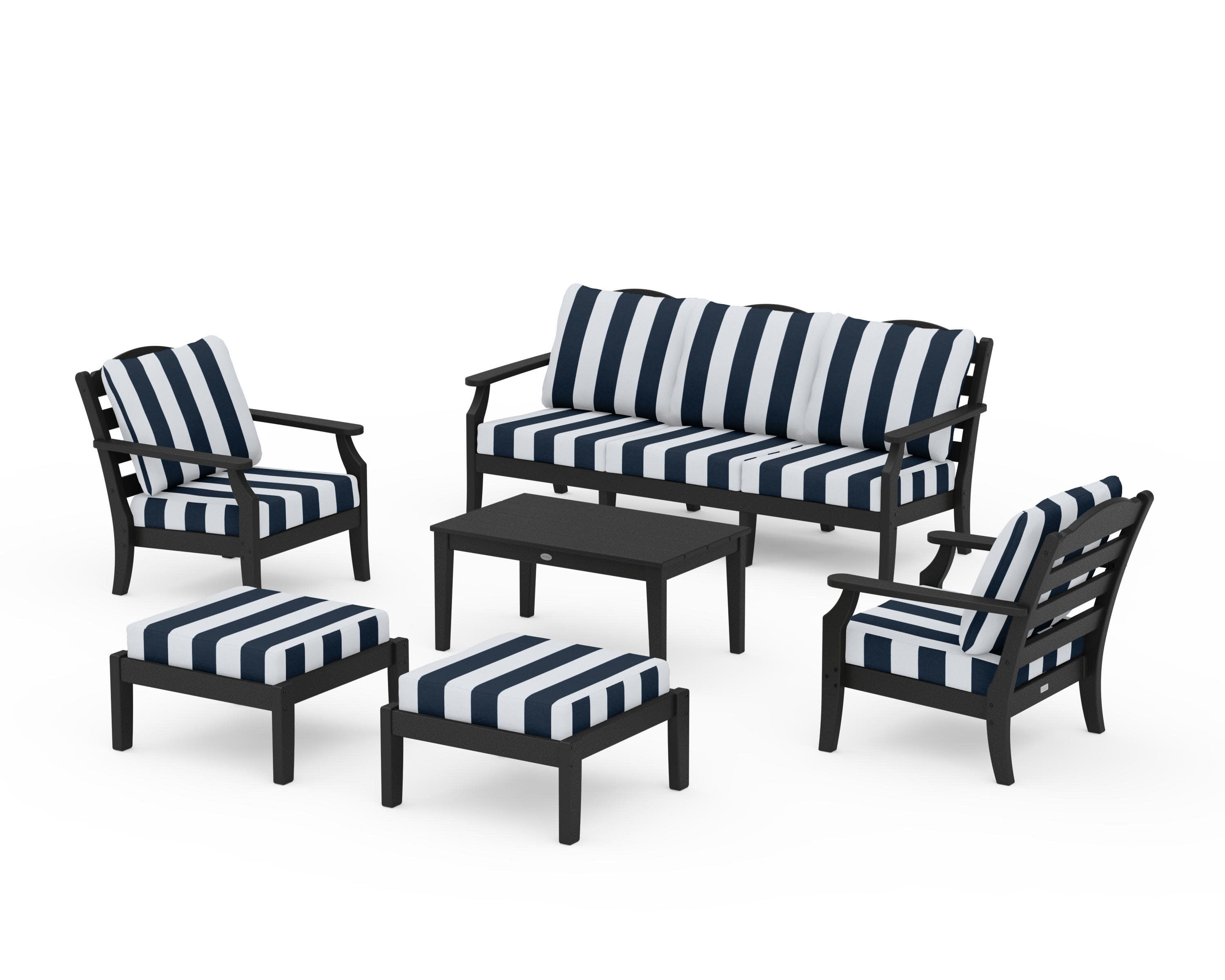 Savannah 6-Piece Lounge Sofa Set in Black / Cabana Stripe Marine Indigo
