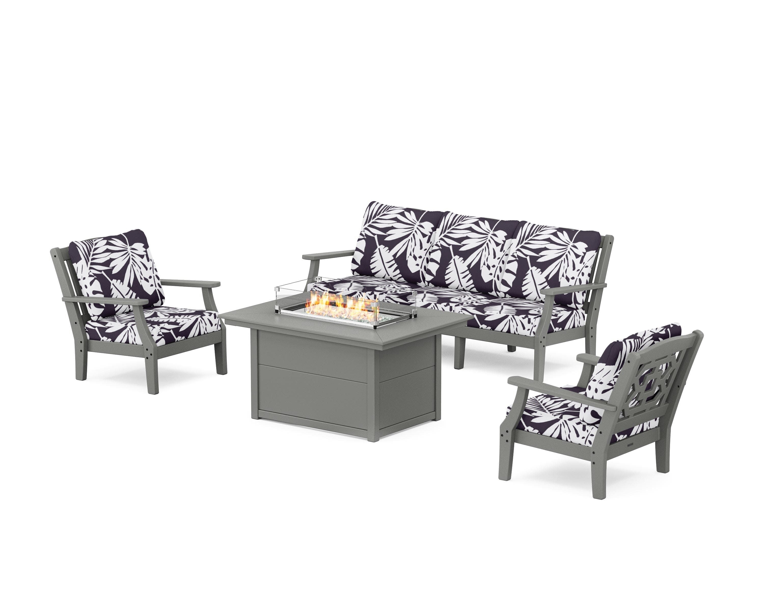 Chinoiserie Deep Seating Fire Pit Table Set in Slate Grey / Leaf Navy