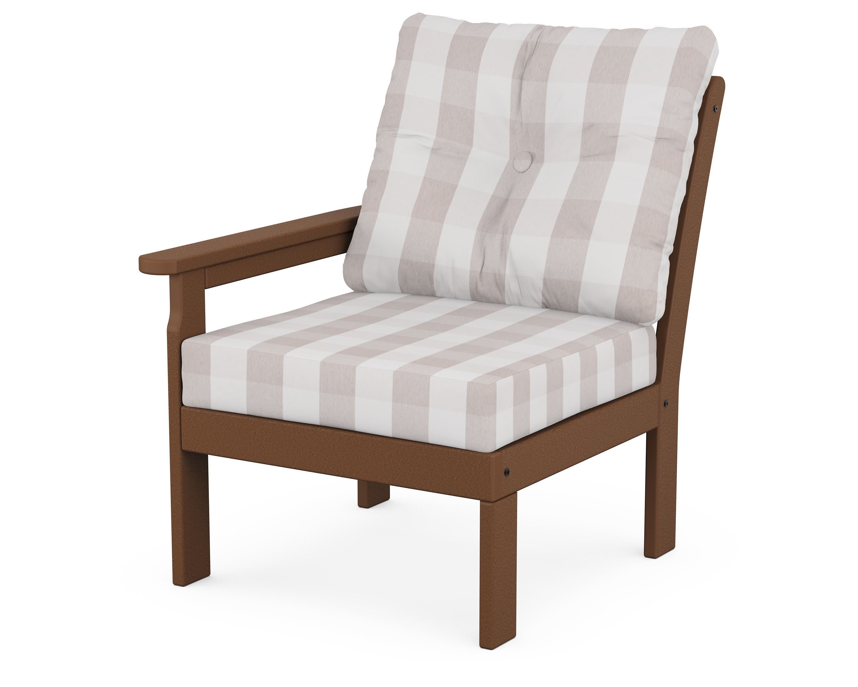 Vineyard Modular Left Arm Chair in Teak / Buffalo Plaid Dune Burlap