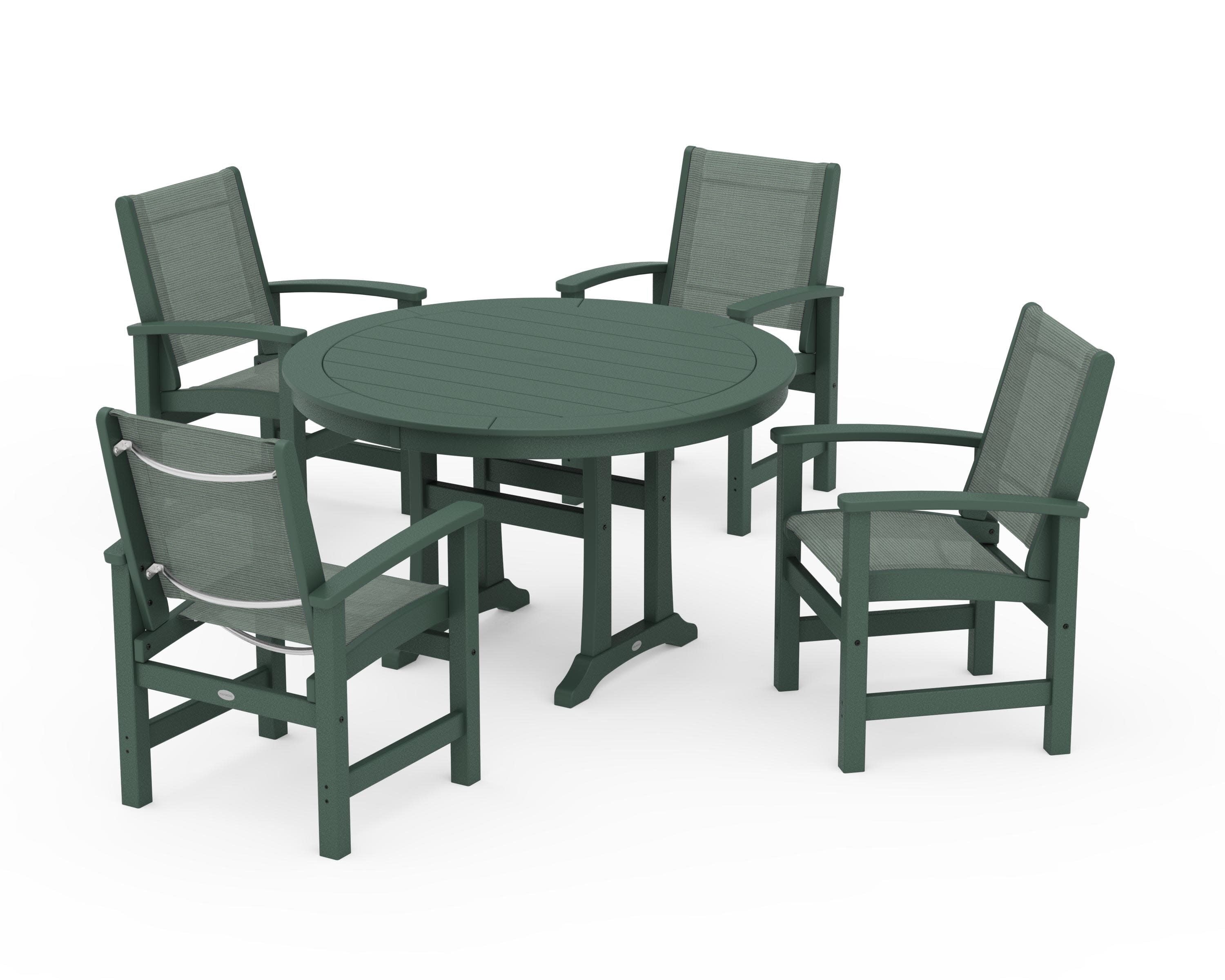 Coastal 5-Piece Round Dining Set with Trestle Legs in Green / Dupioni Sea Mist Sling