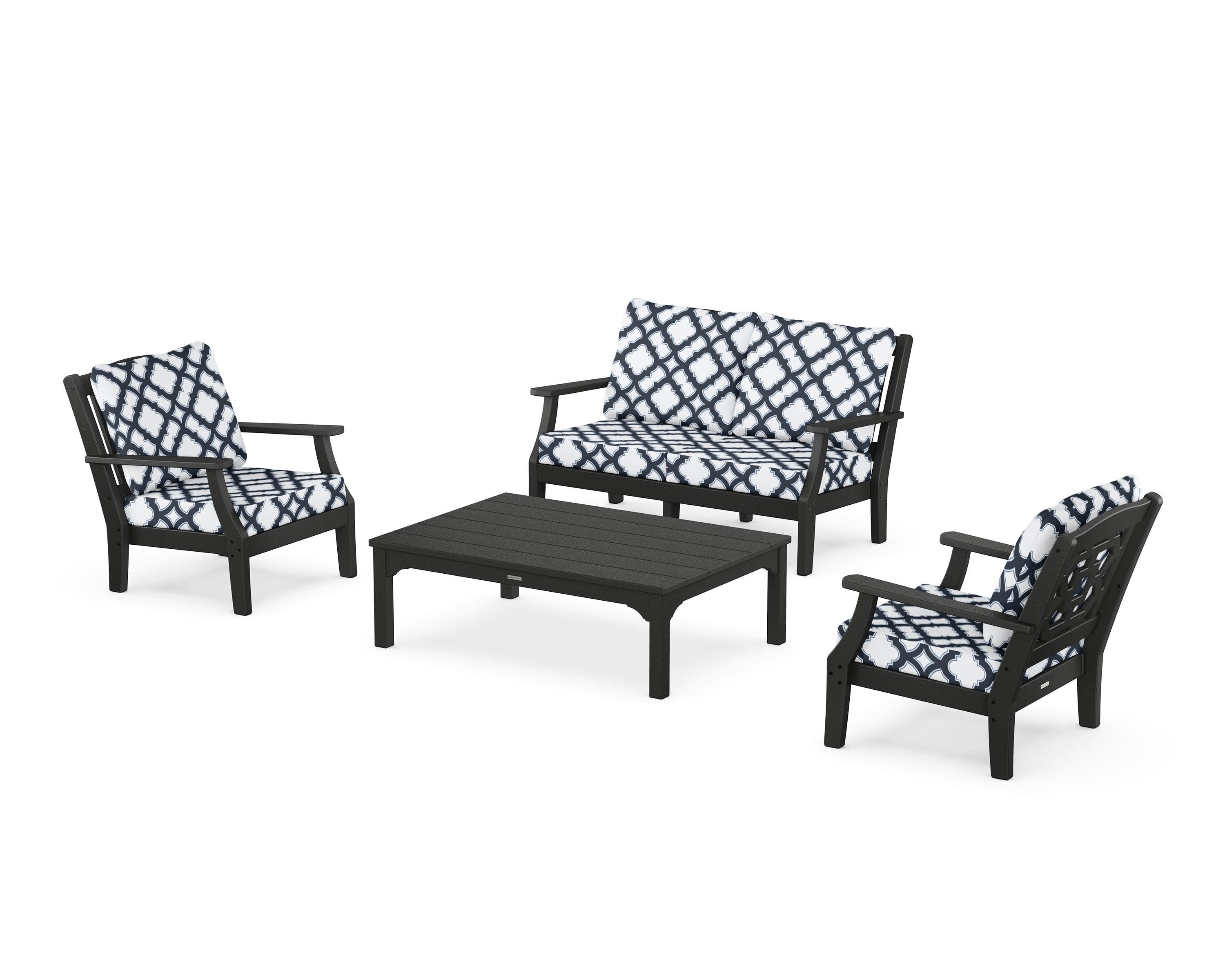 Chinoiserie 4-Piece Deep Seating Set with Loveseat in Black / Trellis Marine Indigo