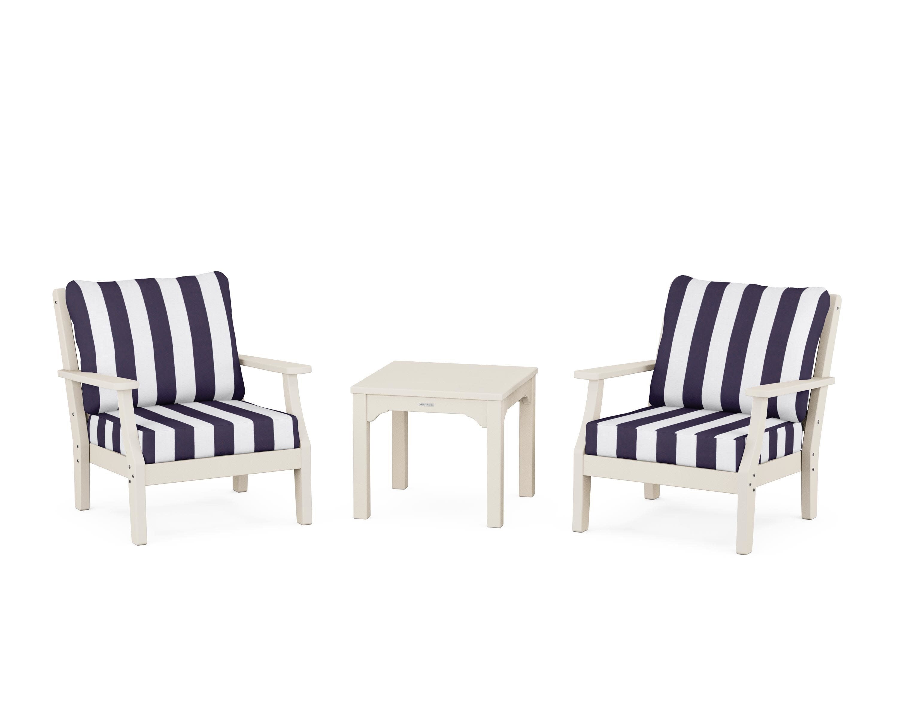 Chinoiserie 3-Piece Deep Seating Set in Sand / Cabana Stripe Navy