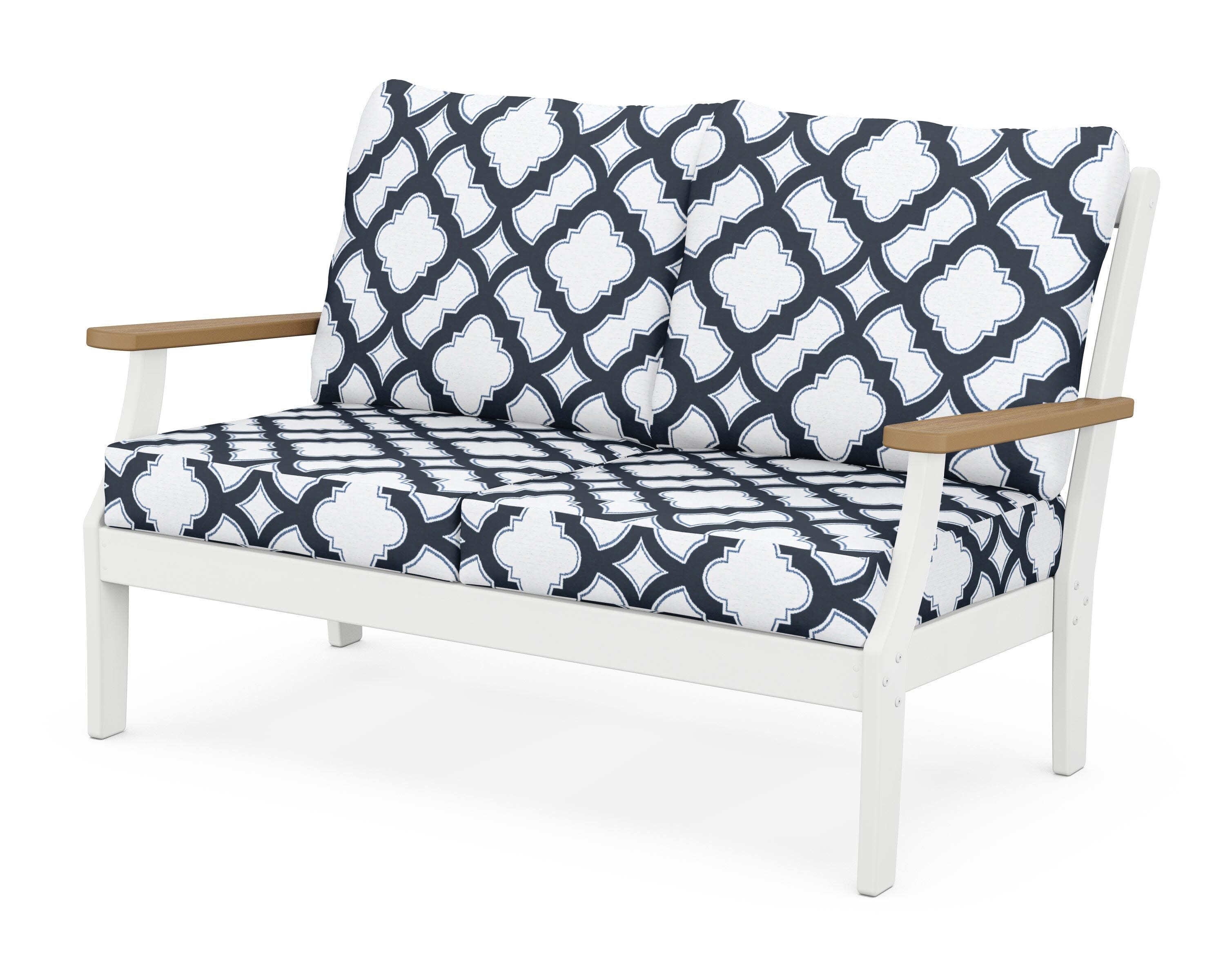 Braxton Deep Seating Loveseat in White / Natural / Trellis Marine Indigo