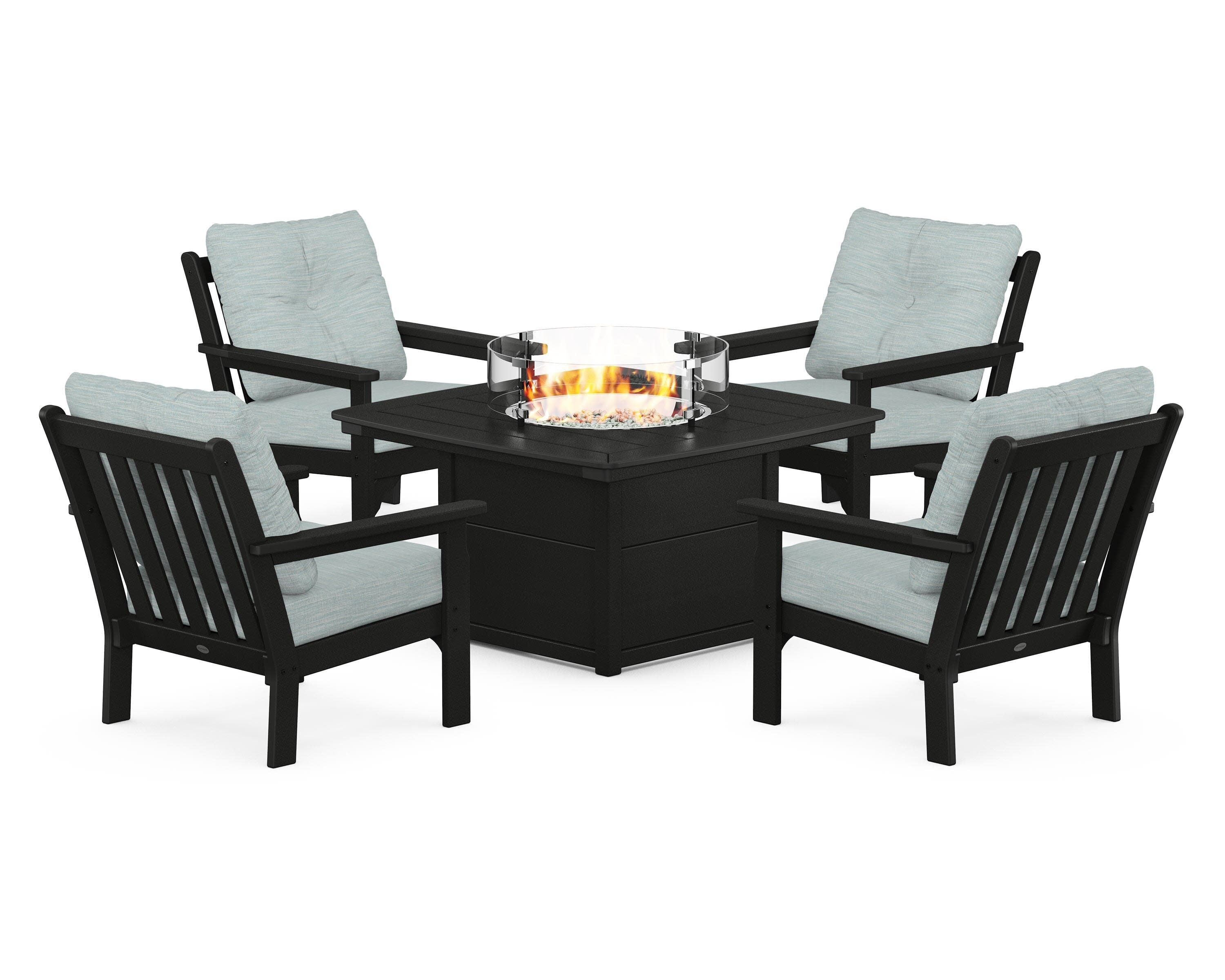 Vineyard 5-Piece Conversation Set with Fire Pit Table in Black / Soothe Mist