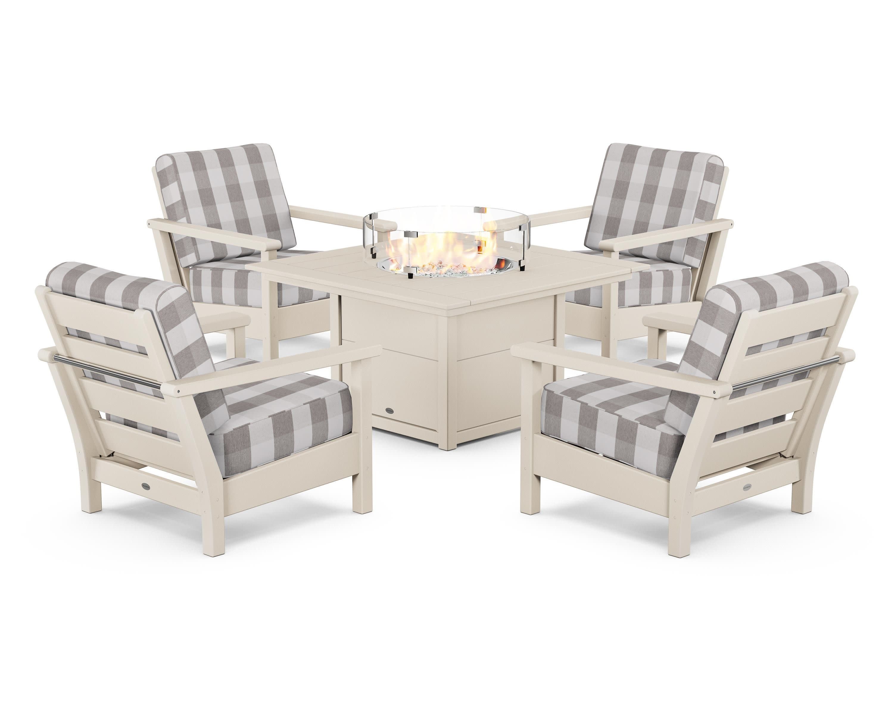 Harbour 5-Piece Conversation Set with Fire Pit Table in Sand / Buffalo Plaid Grey Mist