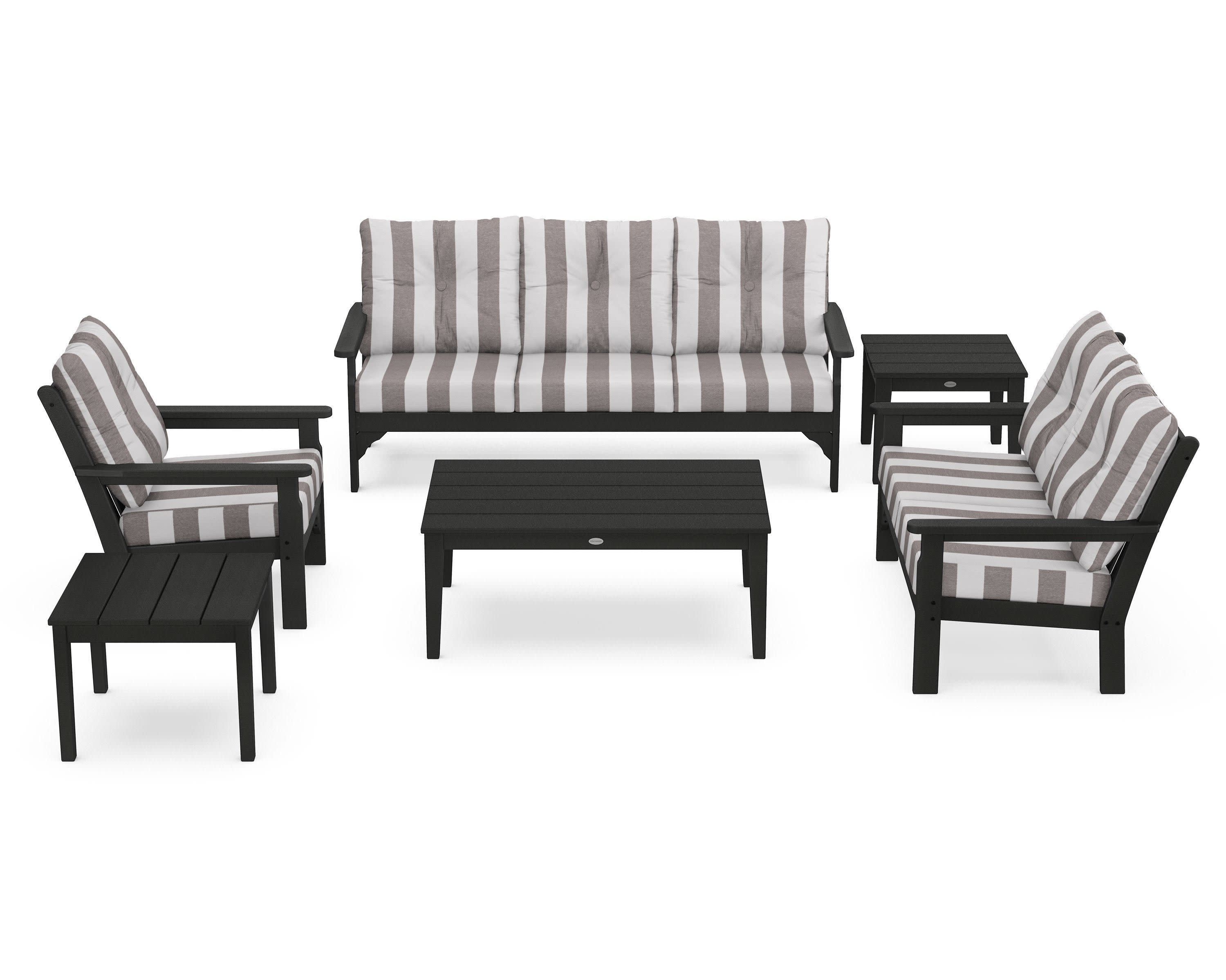 Vineyard 6-Piece Deep Seating Set in Black / Cabana Stripe Grey Mist