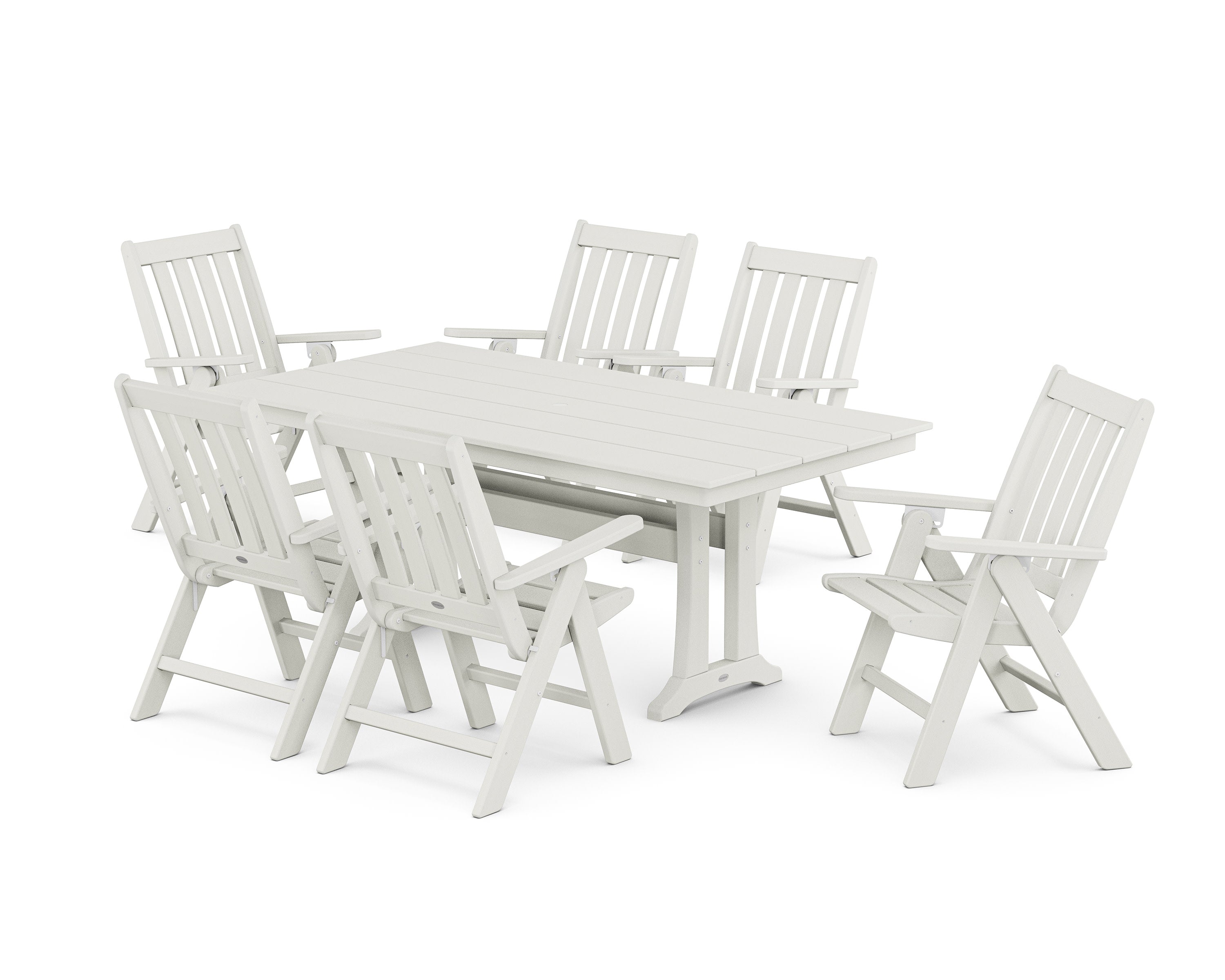 Vineyard Folding Chair 7-Piece Farmhouse Dining Set with Trestle Legs in Vintage White