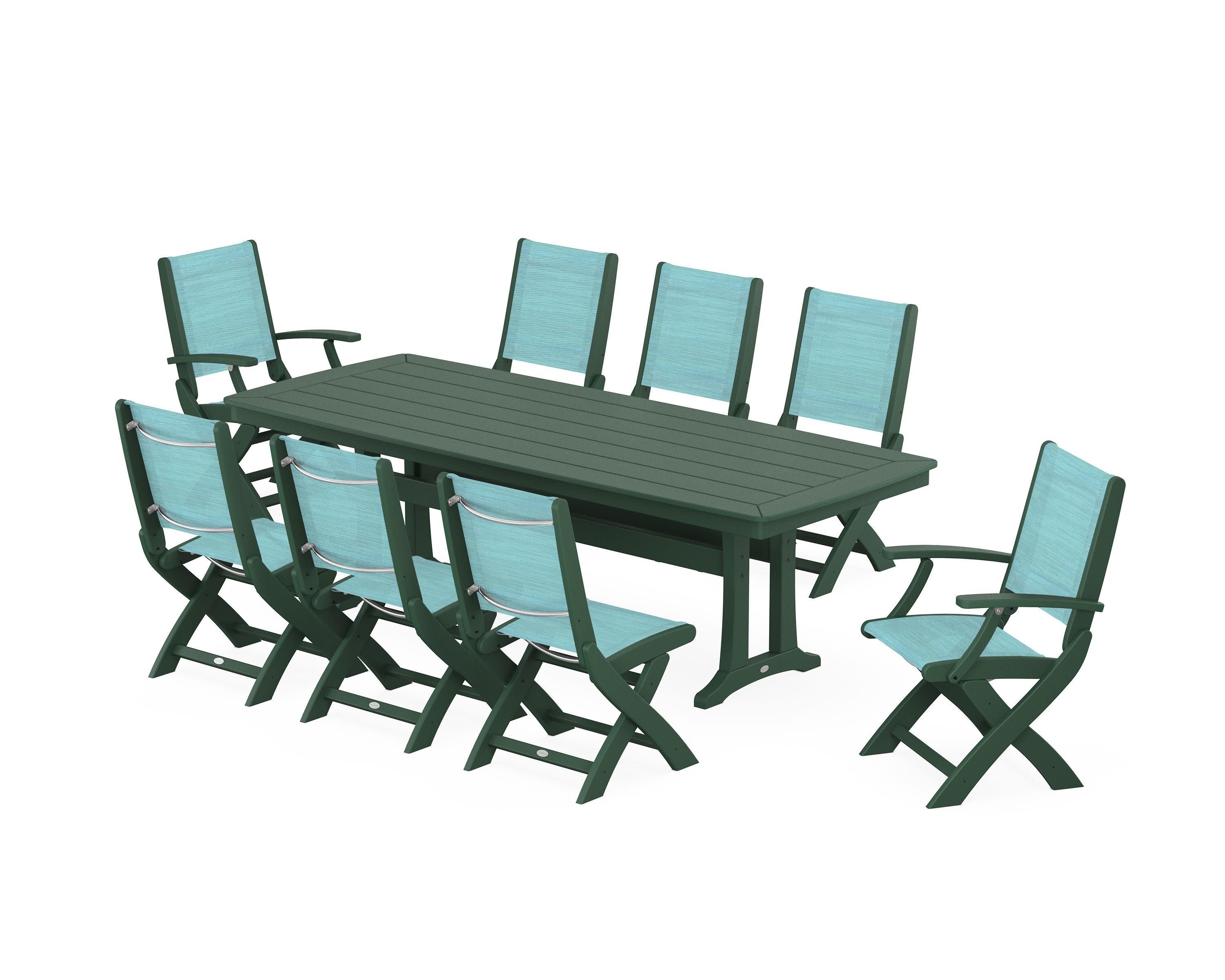 Coastal Folding 9-Piece Dining Set with Trestle Legs in Green / Dupioni Aquamarine Sling