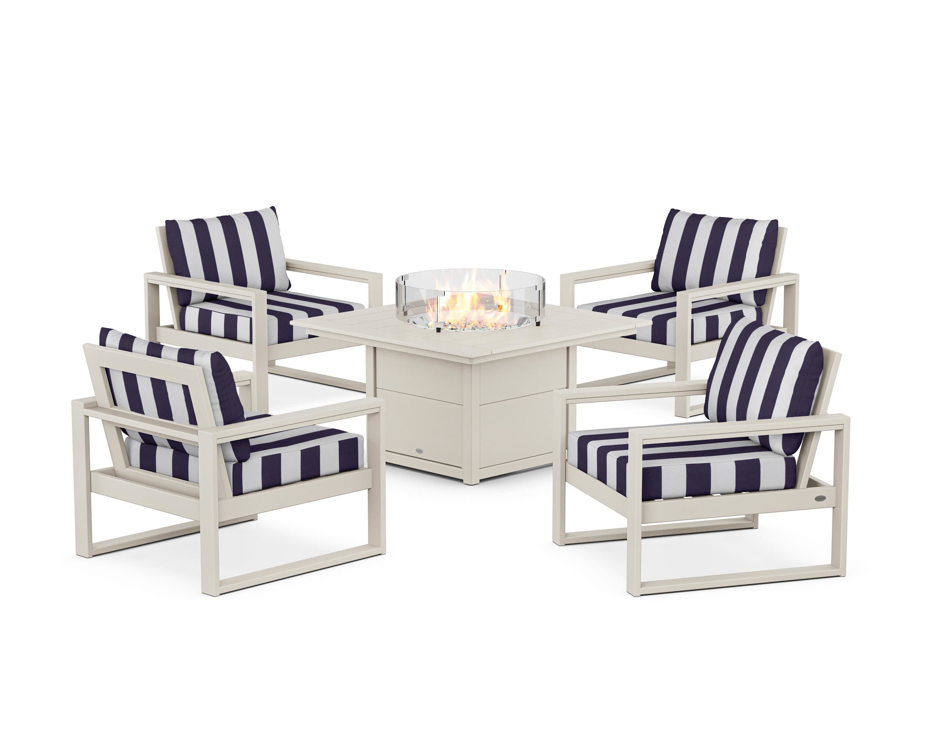 EDGE Sectional 5-Piece Deep Seating Set with Fire Pit Table in Sand / Cabana Stripe Navy