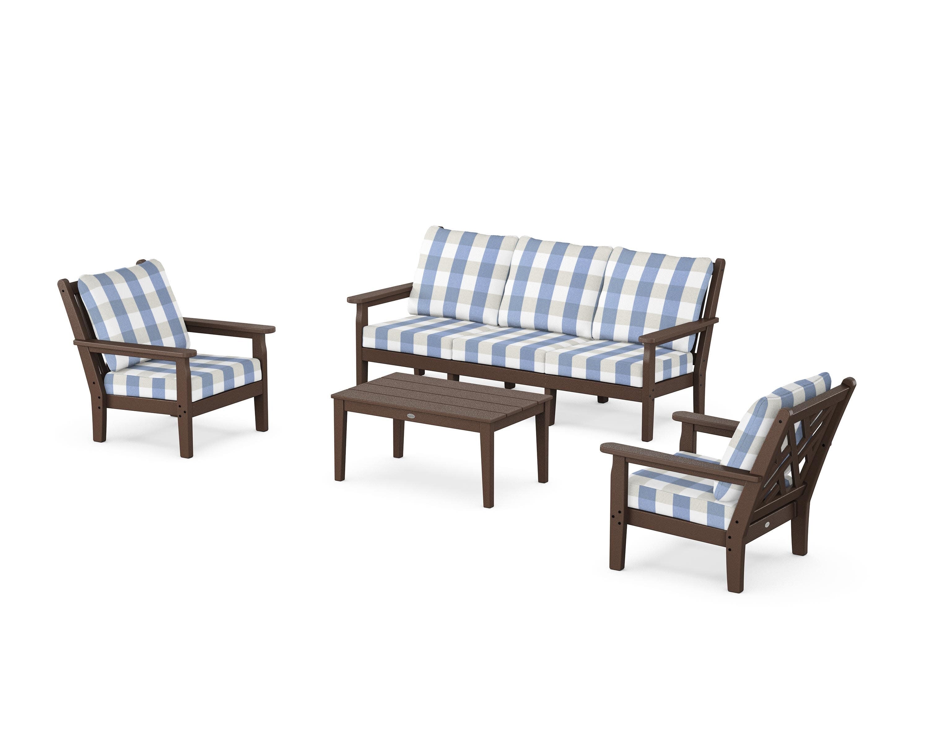 Chippendale 4-Piece Deep Seating Set with Sofa in Mahogany / Buffalo Plaid Sky Blue