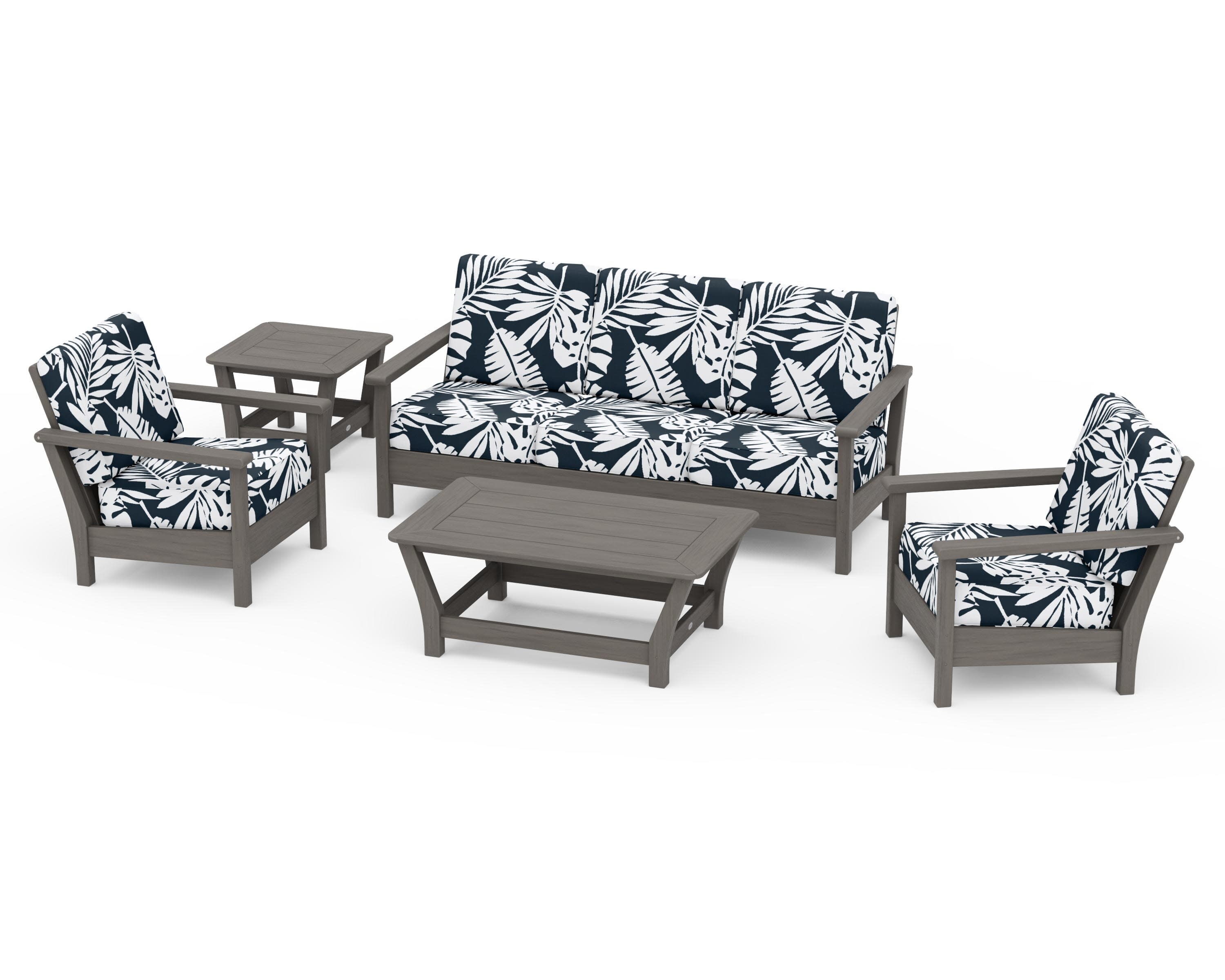 Harbour 5-Piece Deep Seating Set in Driftwood / Leaf Marine Indigo