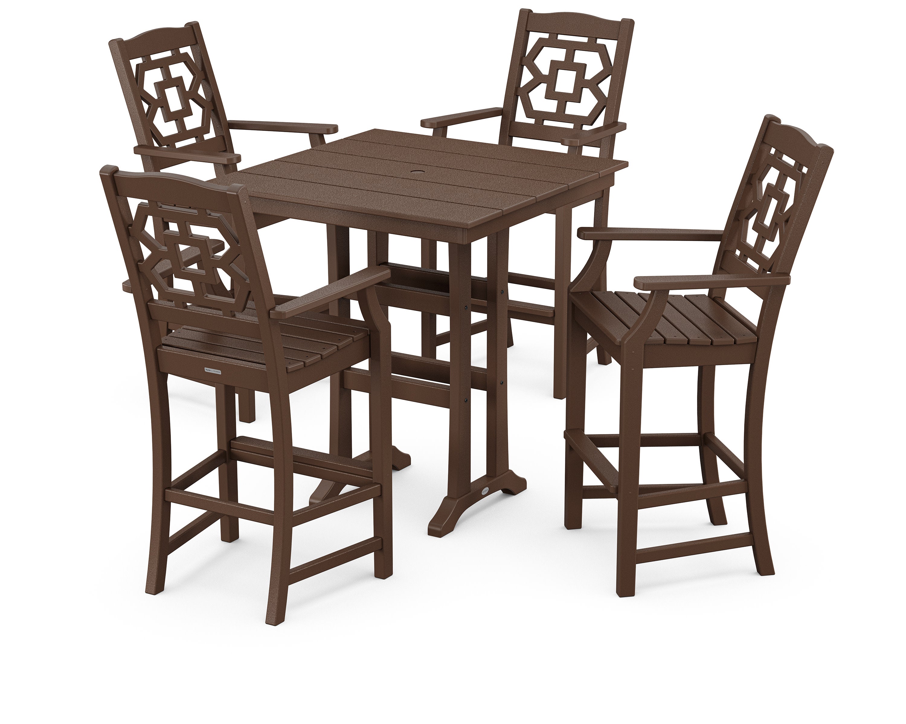 Chinoiserie 5-Piece Farmhouse Bar Set with Trestle Legs in Mahogany