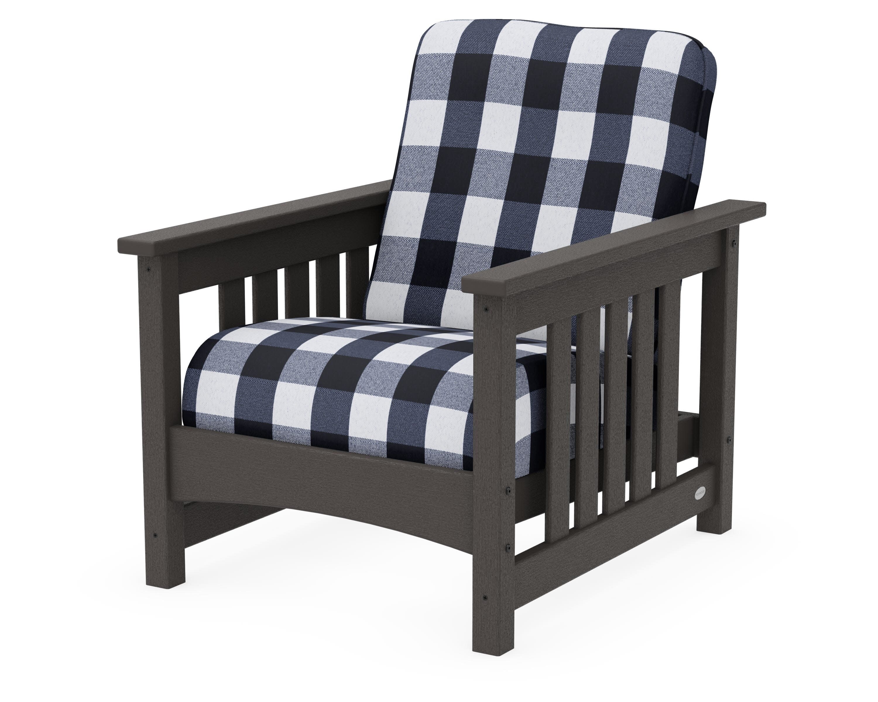 Club Mission Chair in Vintage Coffee / Buffalo Plaid Marine Indigo