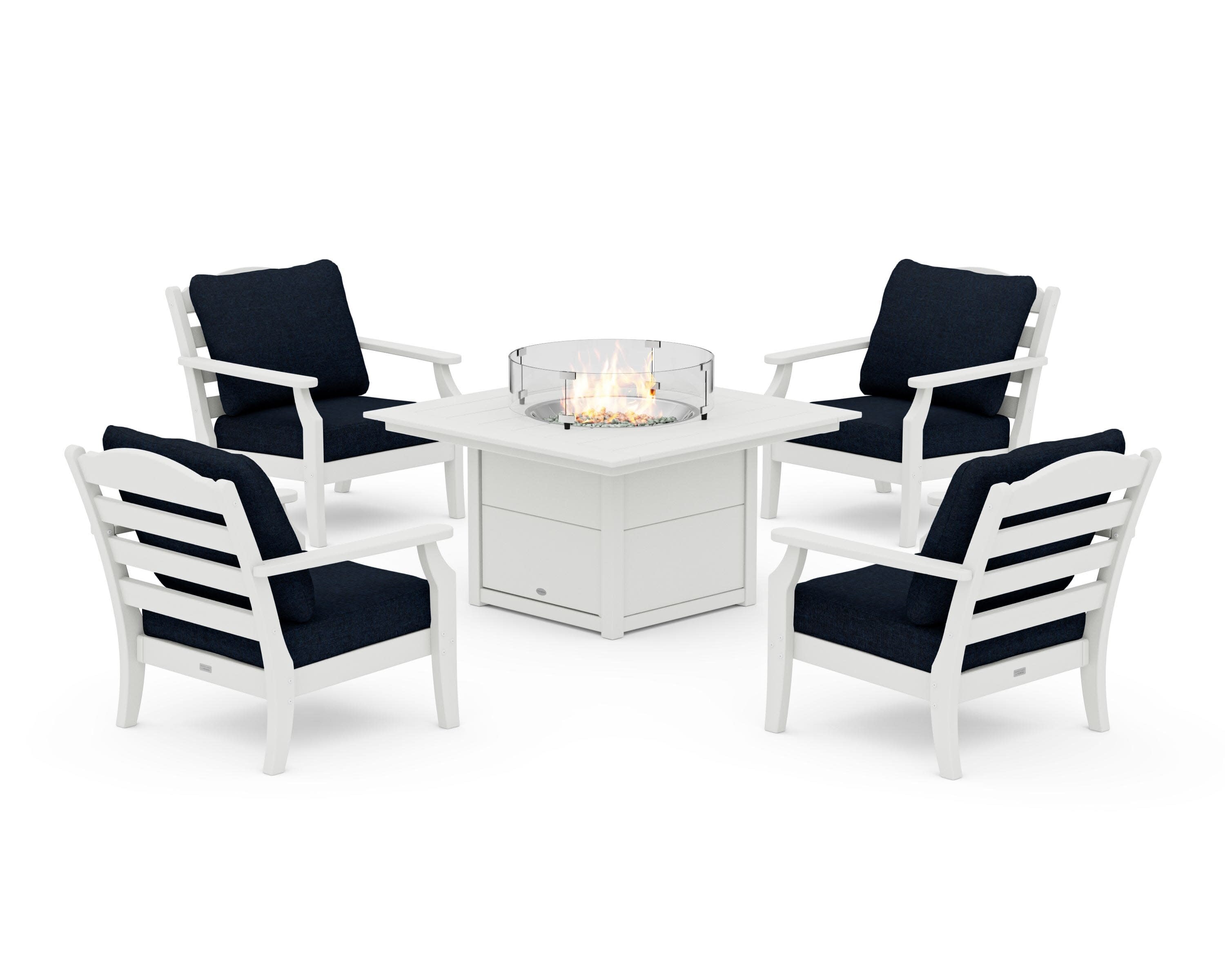Savannah 5-Piece Deep Seating Set with Fire Pit Table in Vintage White / Marine Indigo