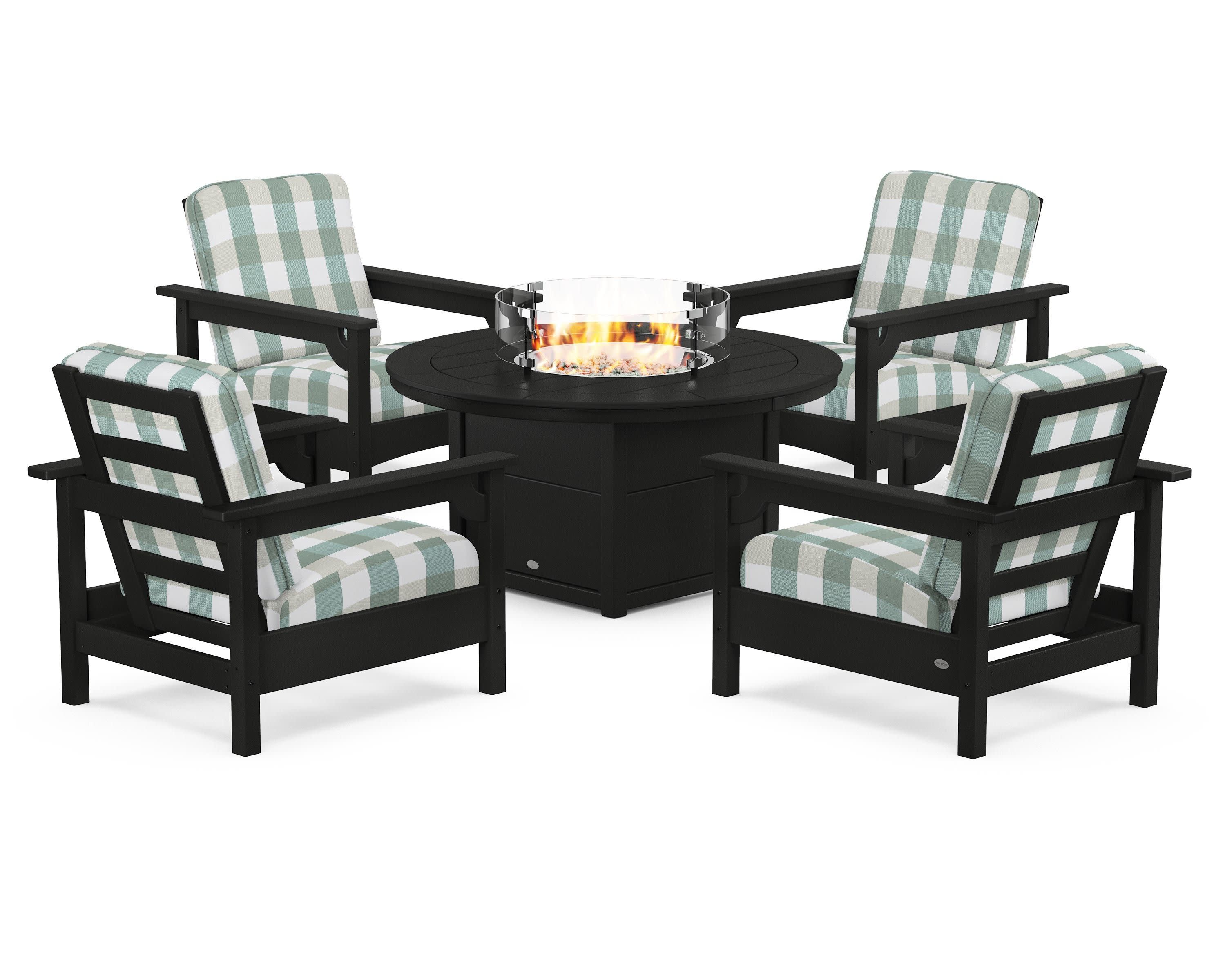 Club 5-Piece Conversation Set with Fire Pit Table in Black / Buffalo Plaid Glacier Spa