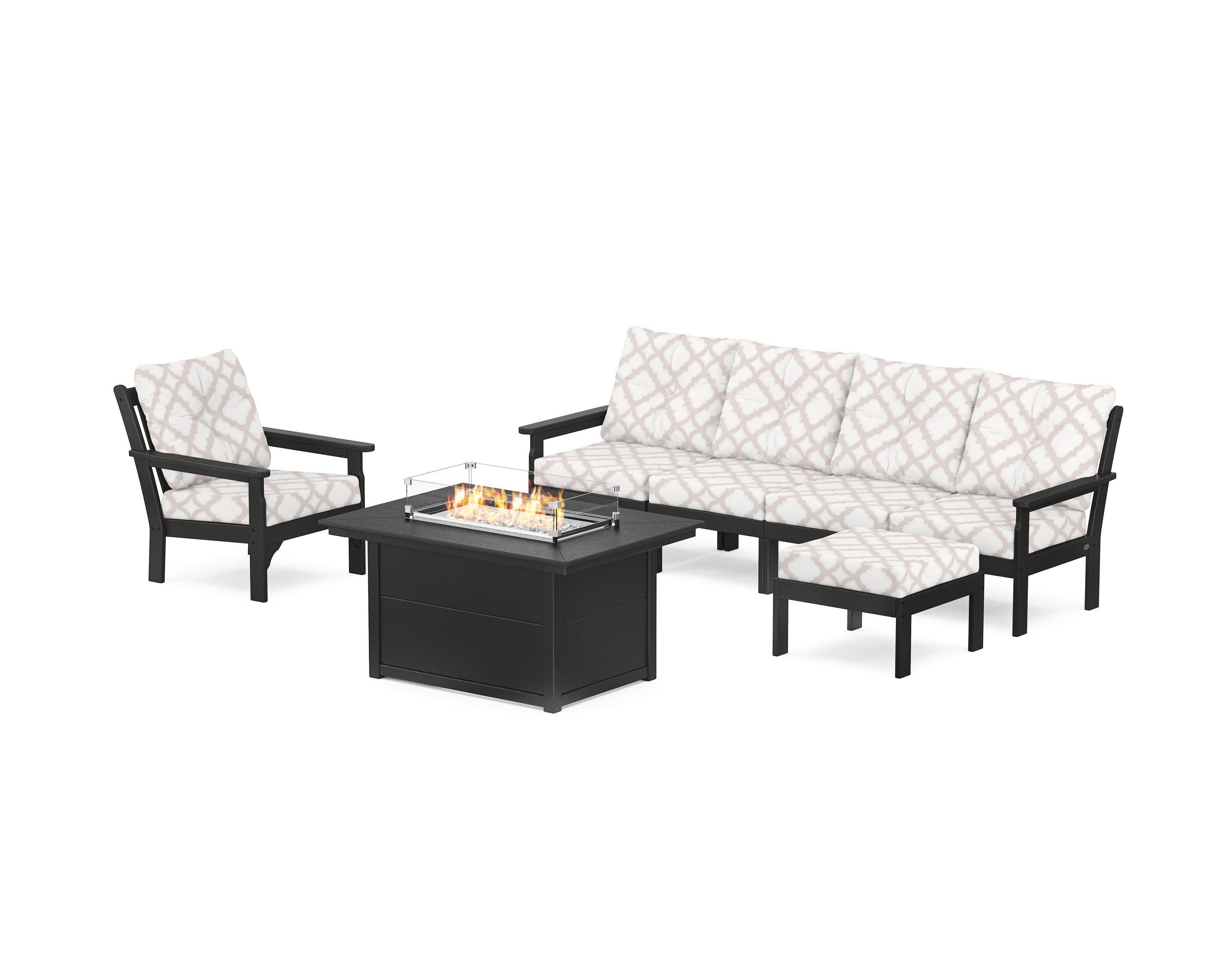 Vineyard Sectional Lounge and Fire Pit Set in Black / Trellis Dune Burlap