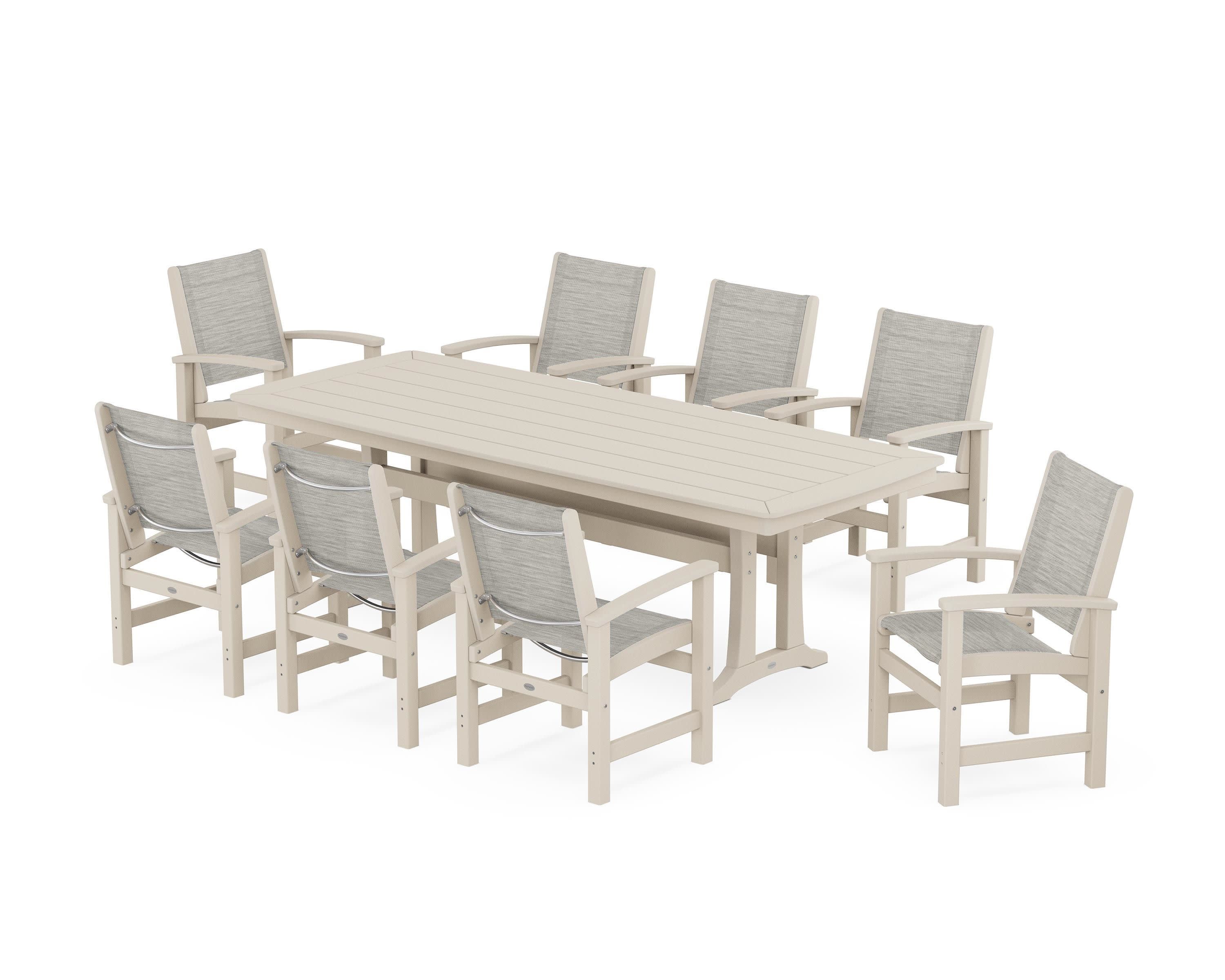 Coastal 9-Piece Dining Set with Trestle Legs in Sand / Birch Sling