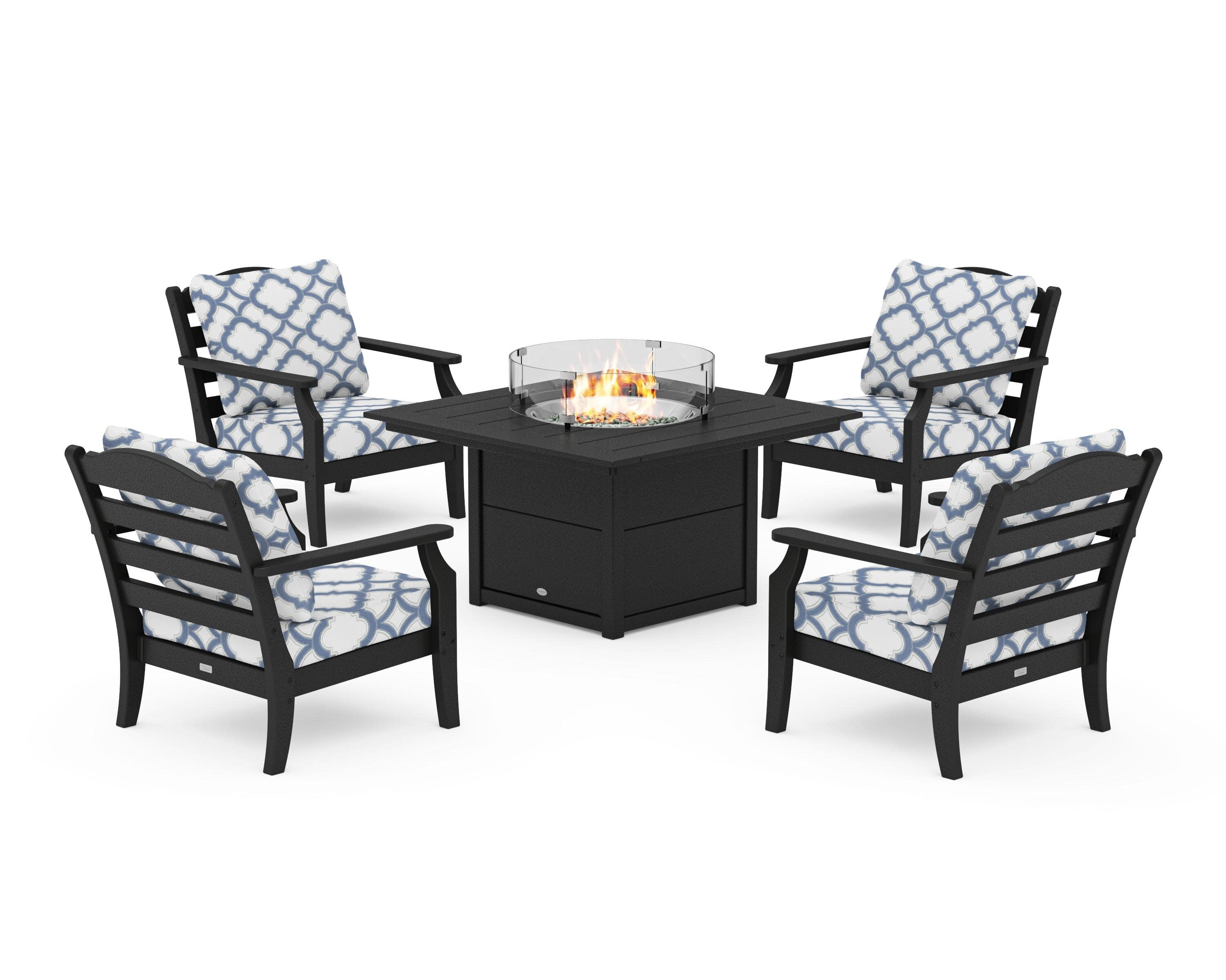 Savannah 5-Piece Deep Seating Set with Fire Pit Table in Black / Trellis Sky Blue