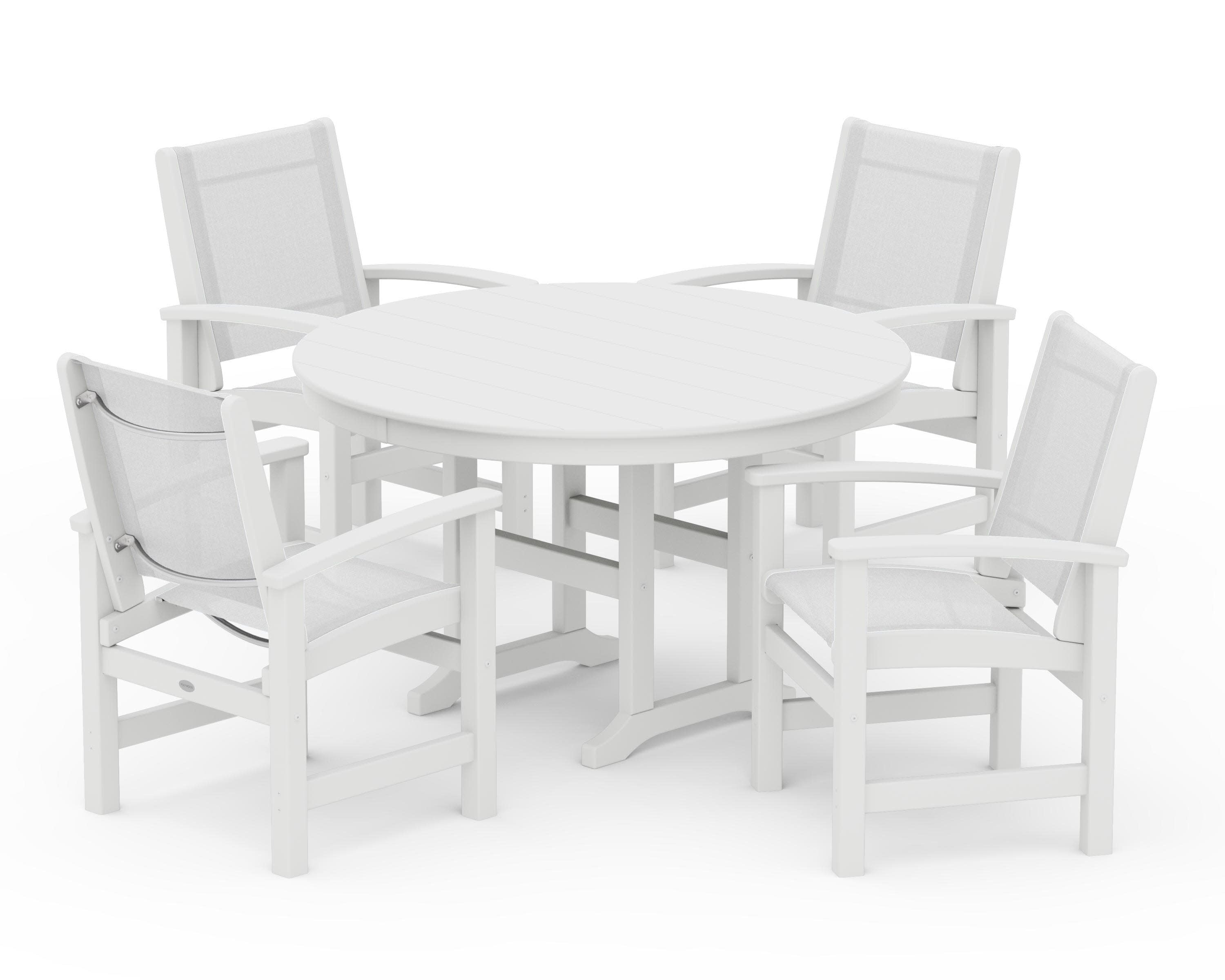 Coastal 5-Piece Round Farmhouse Dining Set in White / White Sling