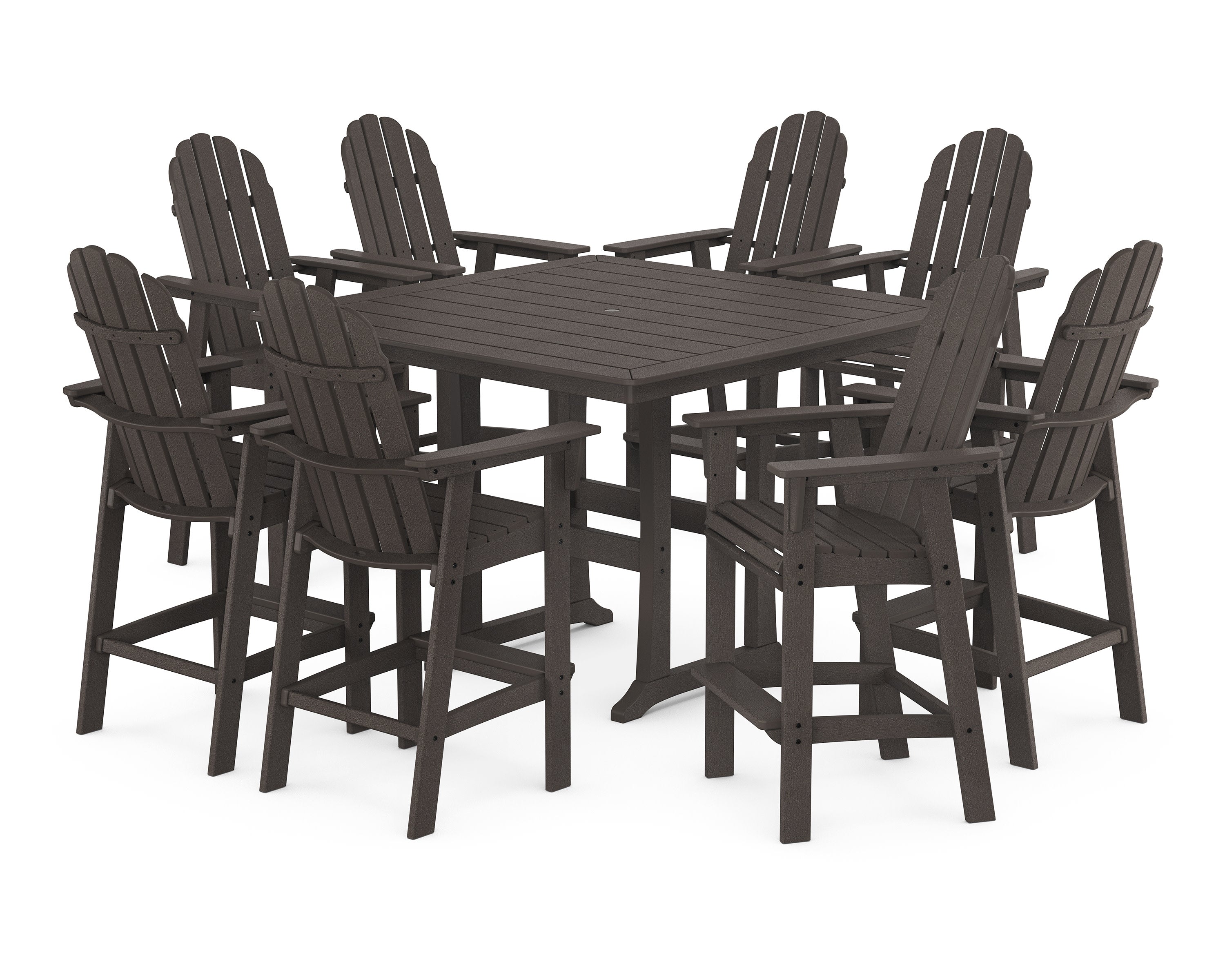 Vineyard Curveback Adirondack 9-Piece Trestle Bar Set in Vintage Coffee