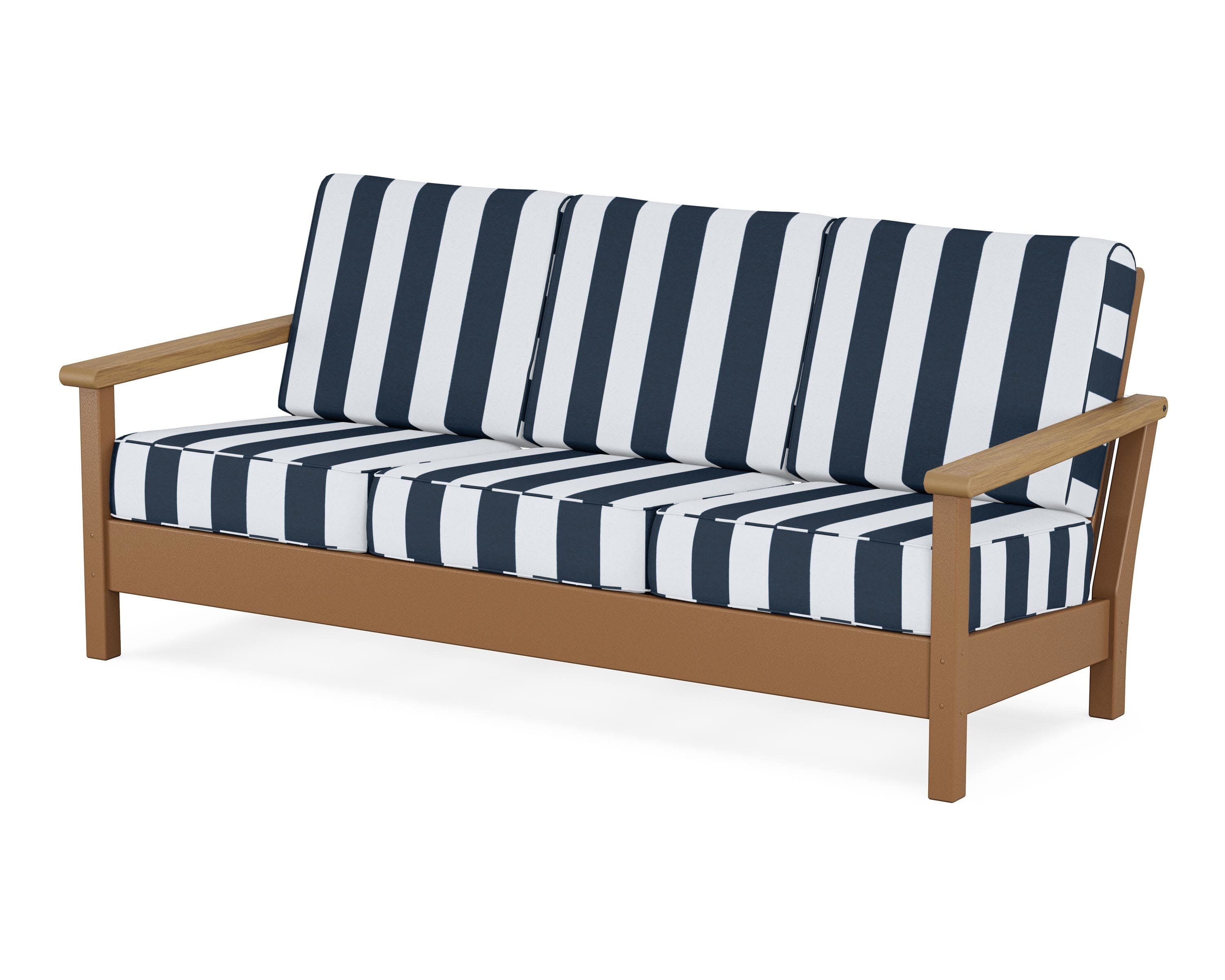 Harbour Deep Seating Sofa in Teak / Natural / Cabana Stripe Marine Indigo