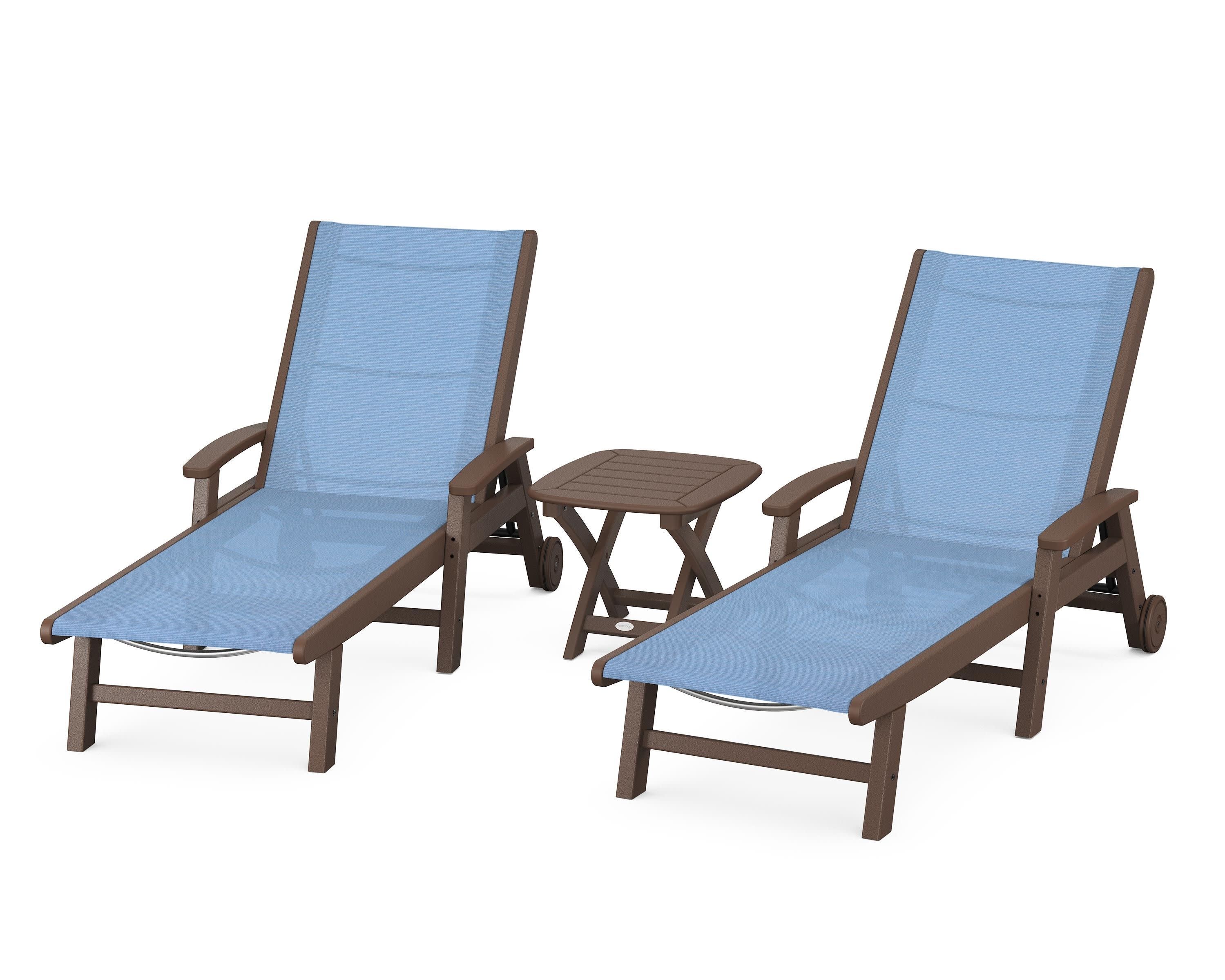 Coastal 3-Piece Wheeled Chaise Set in Mahogany / Poolside Sling