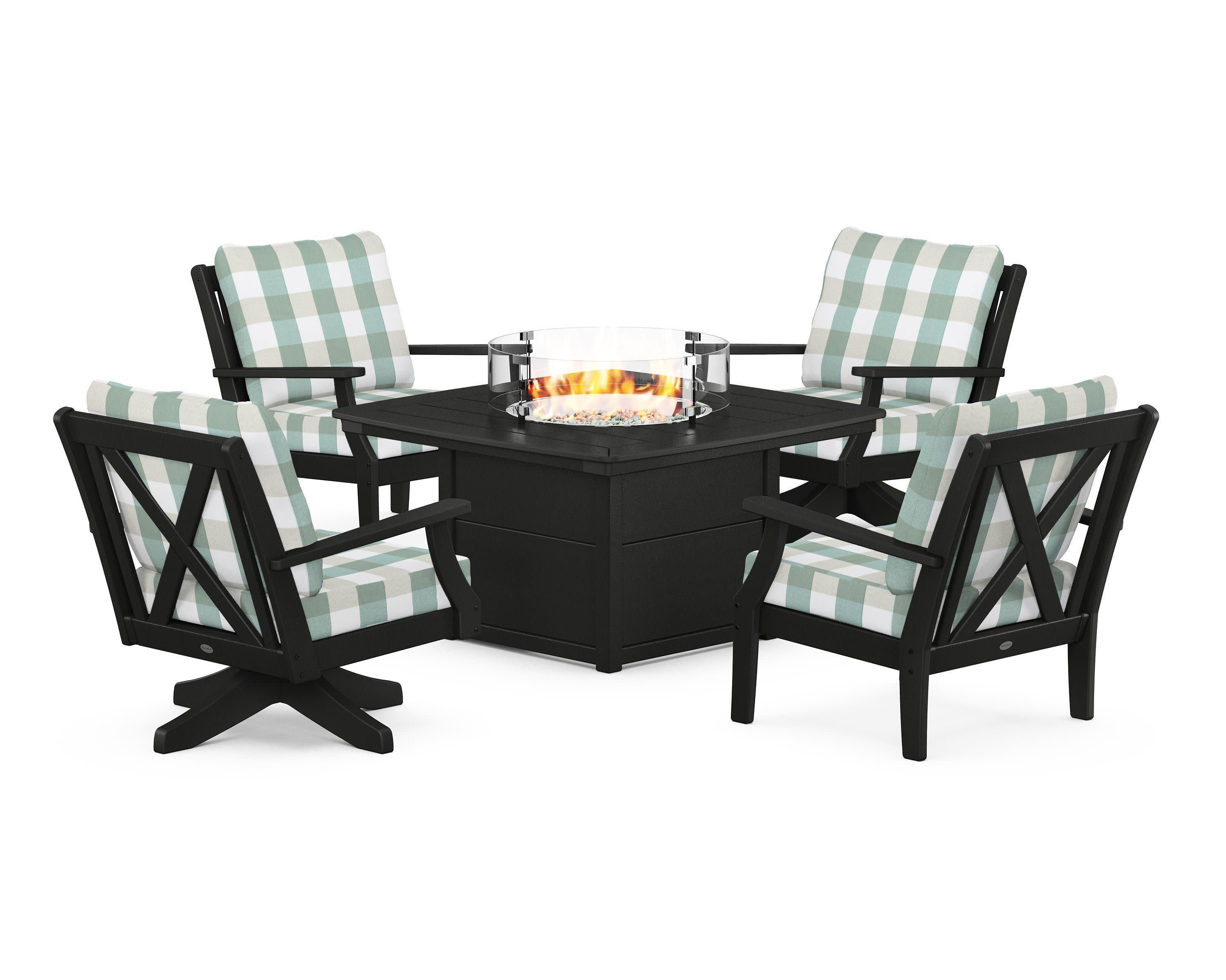 Braxton 5-Piece Deep Seating Set with Fire Table in Black / Buffalo Plaid Glacier Spa