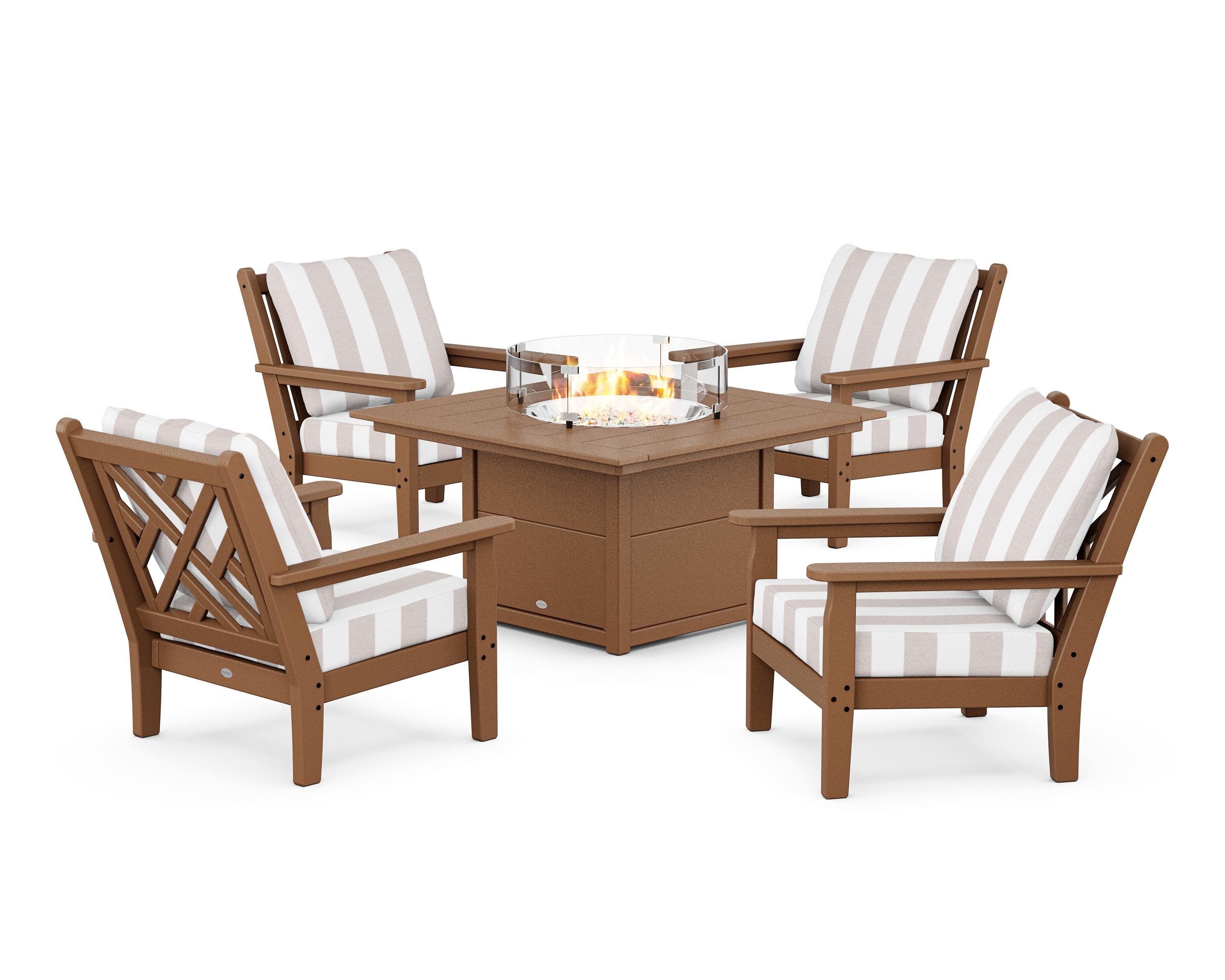 Chippendale 5-Piece Deep Seating Set with Fire Pit Table in Teak / Cabana Stripe Dune Burlap