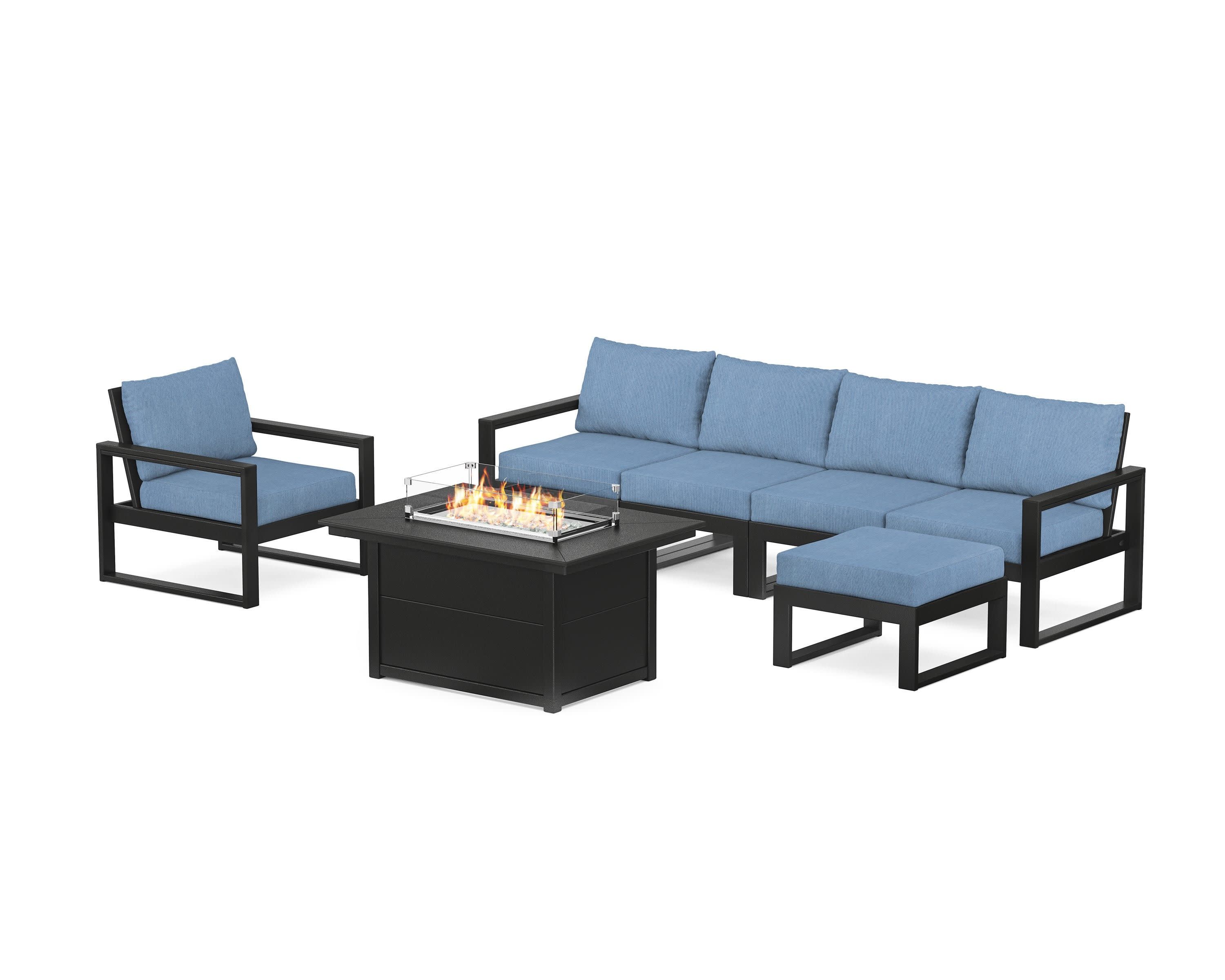 EDGE Sectional Lounge and Fire Pit Set in Black / Sky Blue