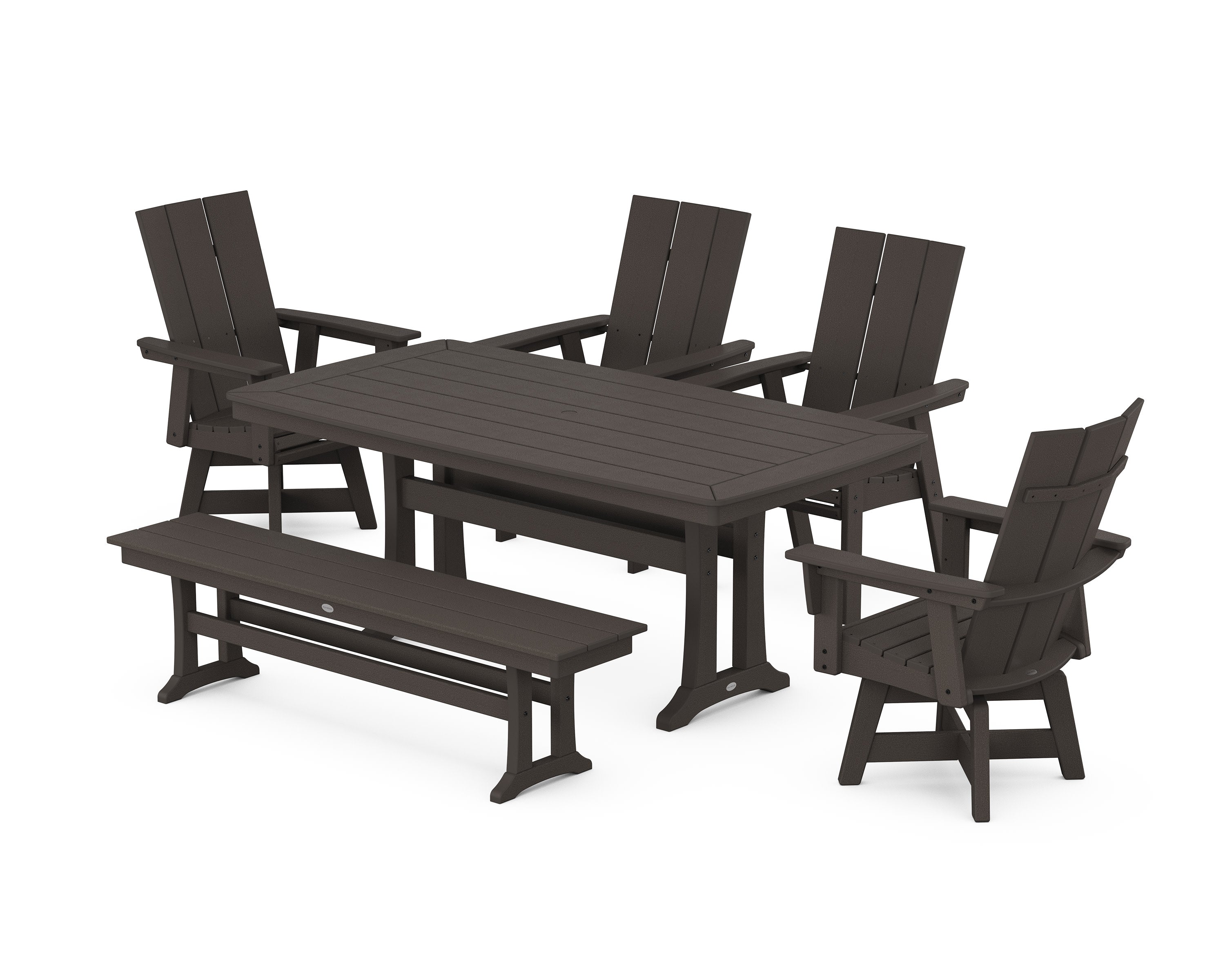Modern Curveback Adirondack Swivel Chair 6-Piece Dining Set with Trestle Legs and Bench in Vintage Coffee