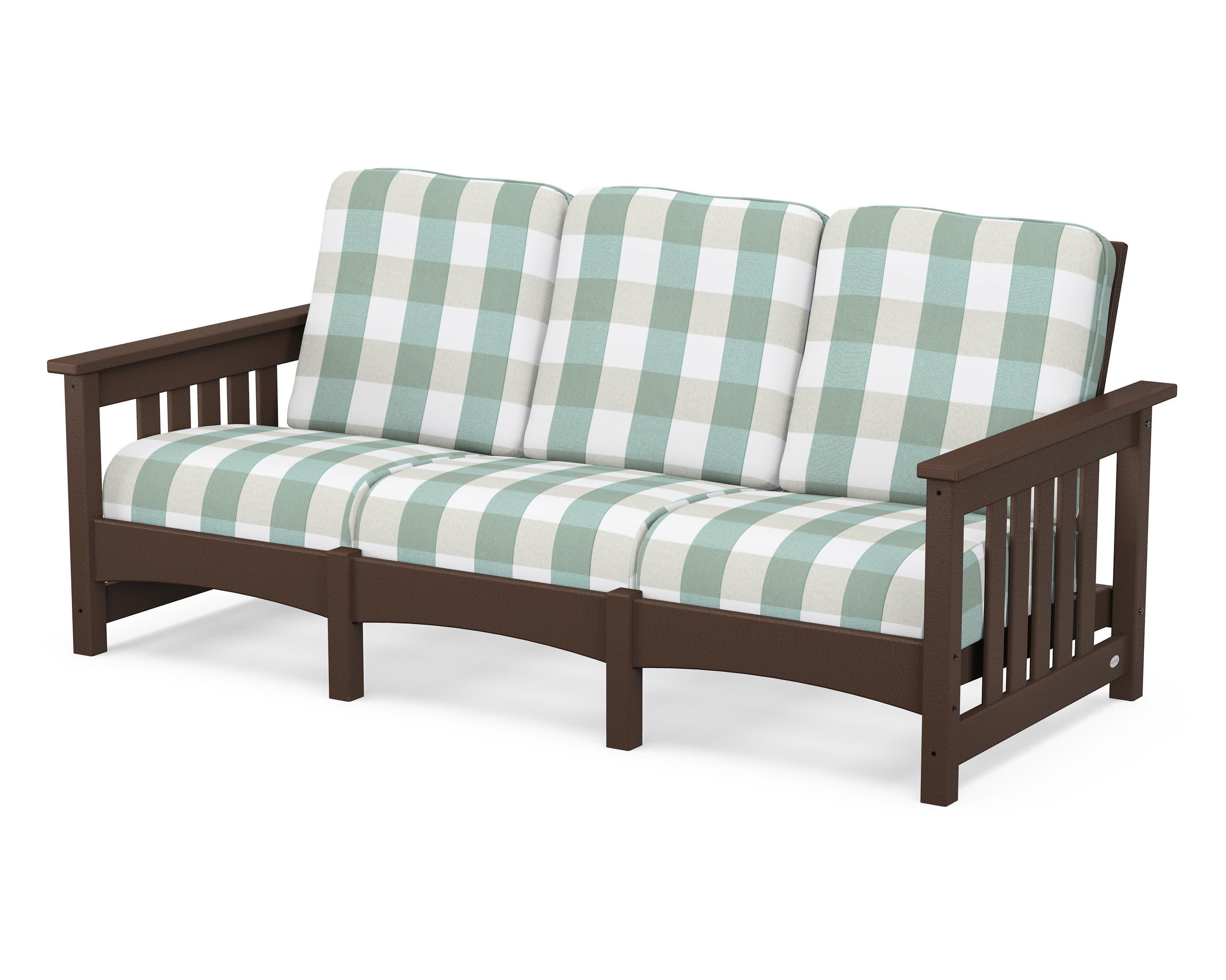 Club Mission Sofa in Mahogany / Buffalo Plaid Glacier Spa