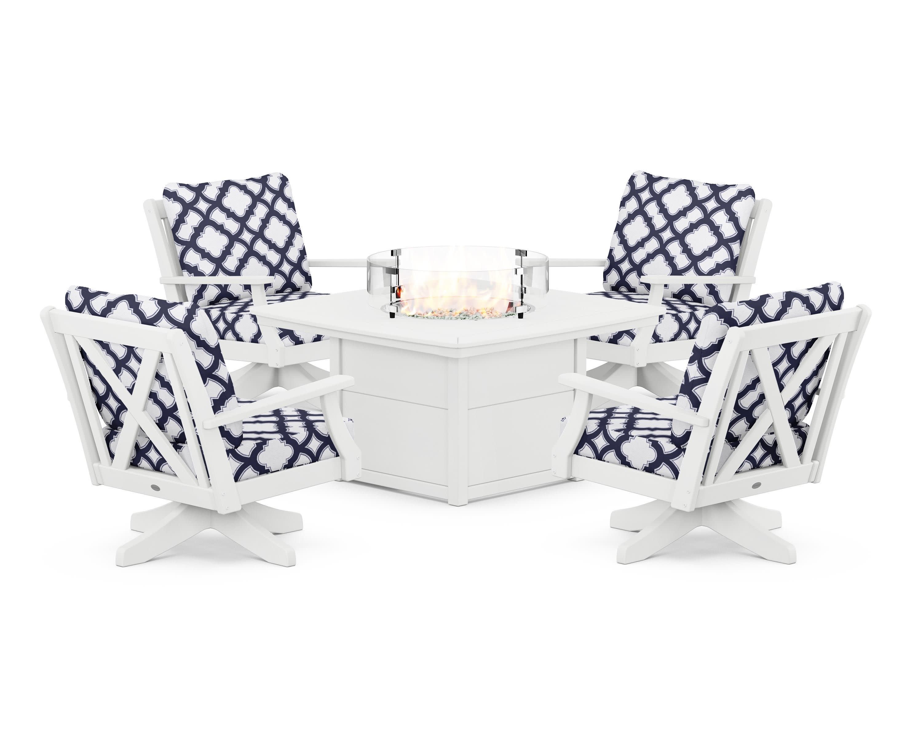 Braxton 5-Piece Deep Seating Swivel Conversation Set with Fire Pit Table in White / Trellis Navy