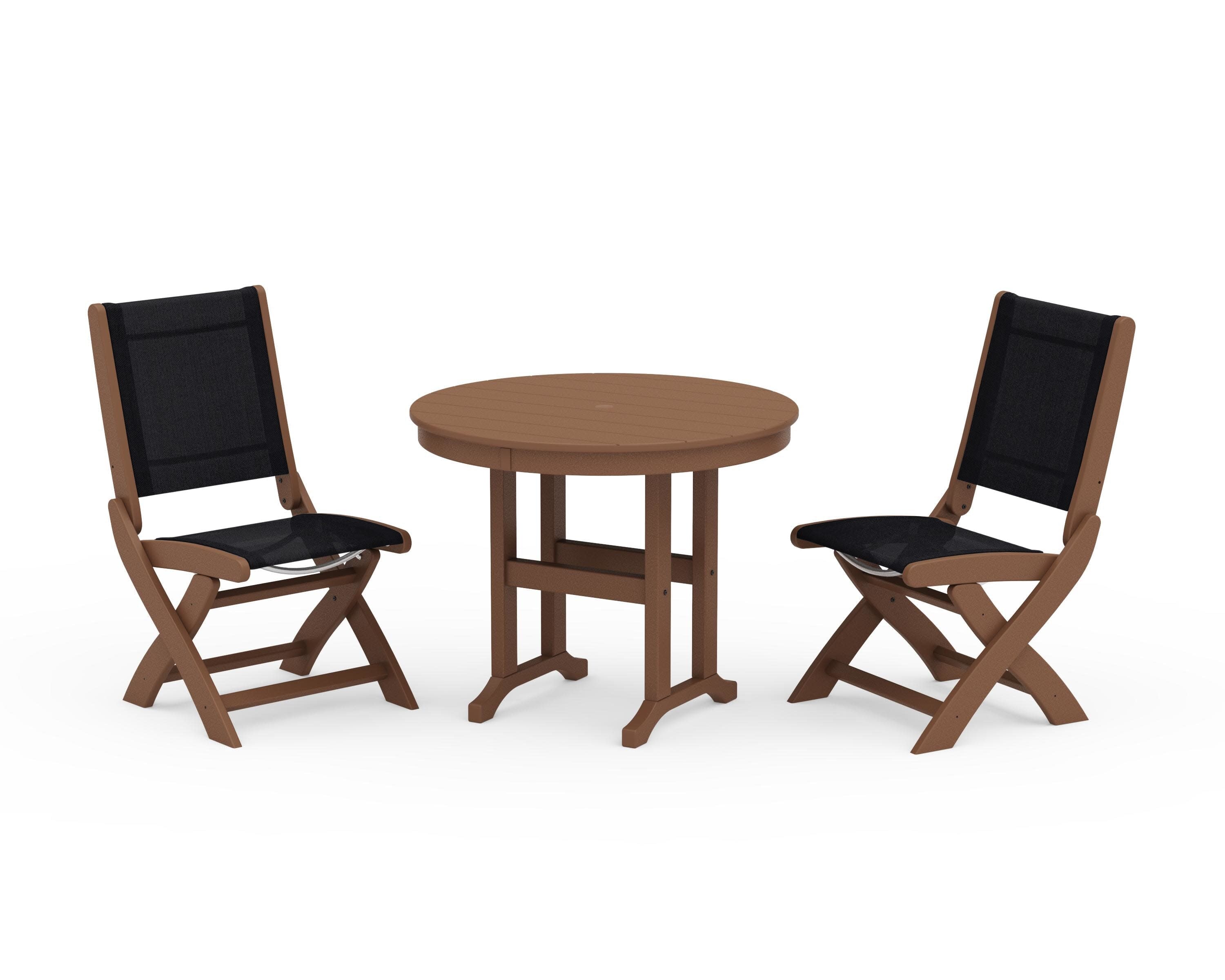 Coastal Folding Side Chair 3-Piece Round Dining Set in Teak / Black Sling