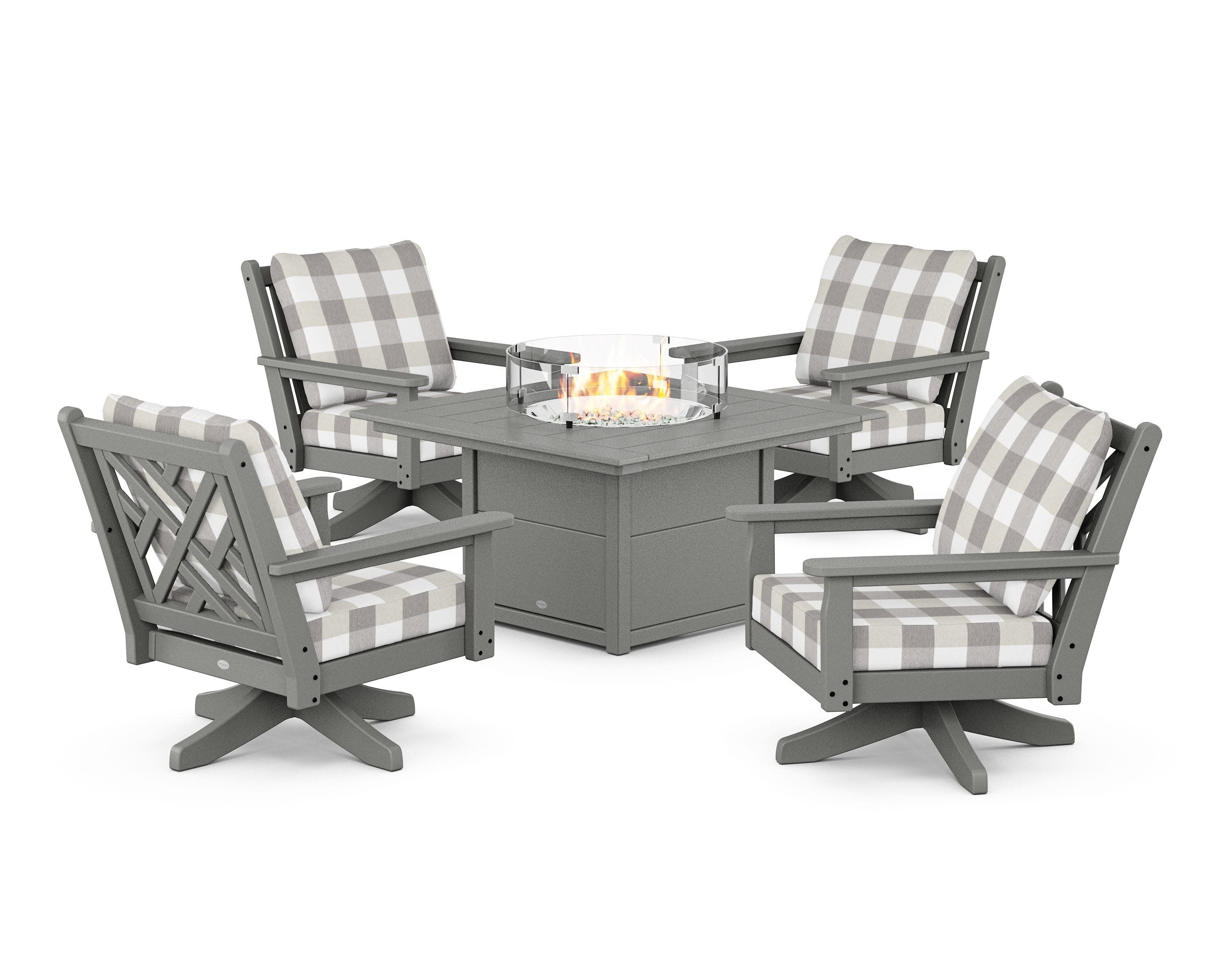 Chippendale 5-Piece Deep Seating Swivel Conversation Set with Fire Pit Table in Slate Grey / Buffalo Plaid Grey Mist