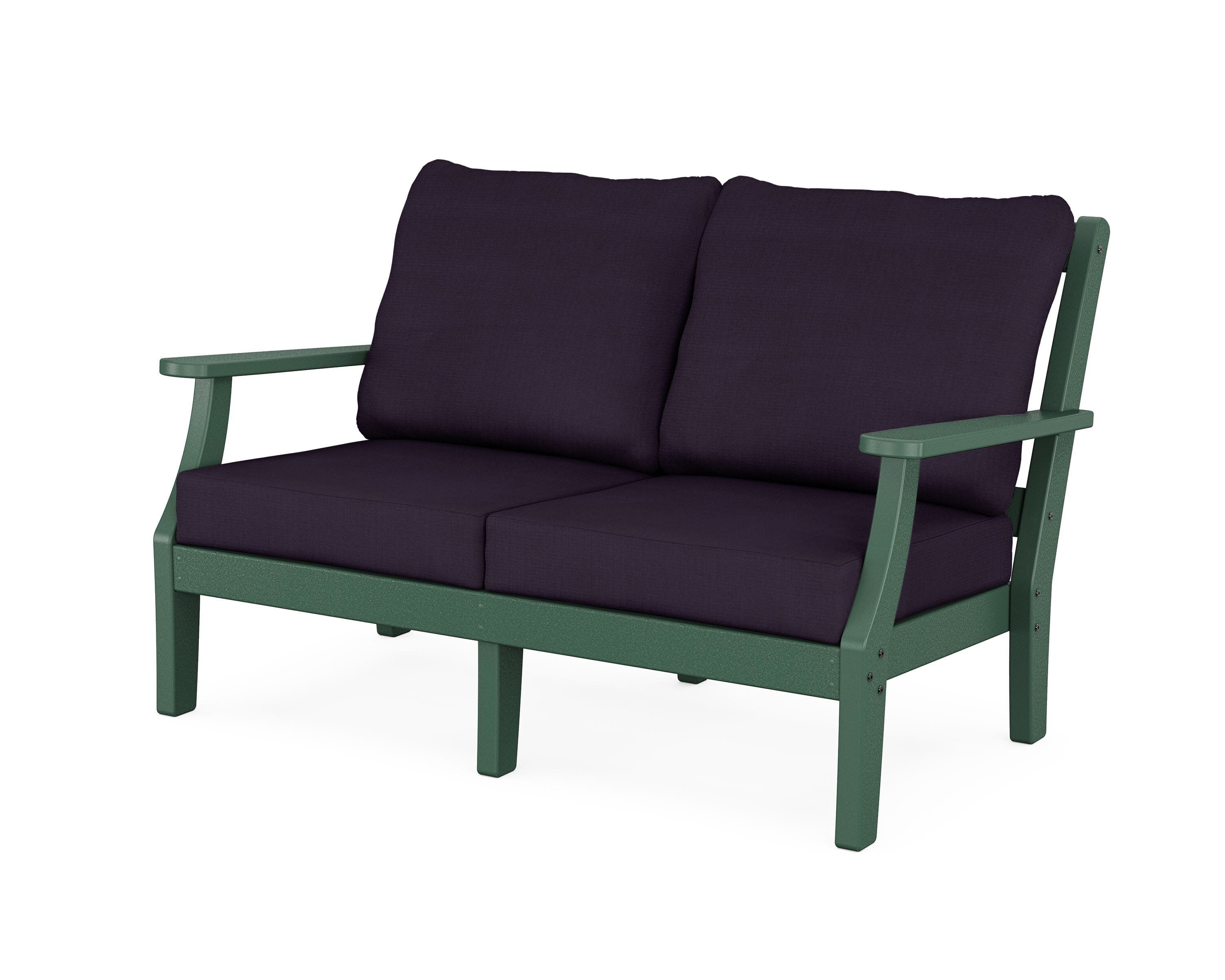 Chinoiserie Deep Seating Loveseat in Green / Navy Linen