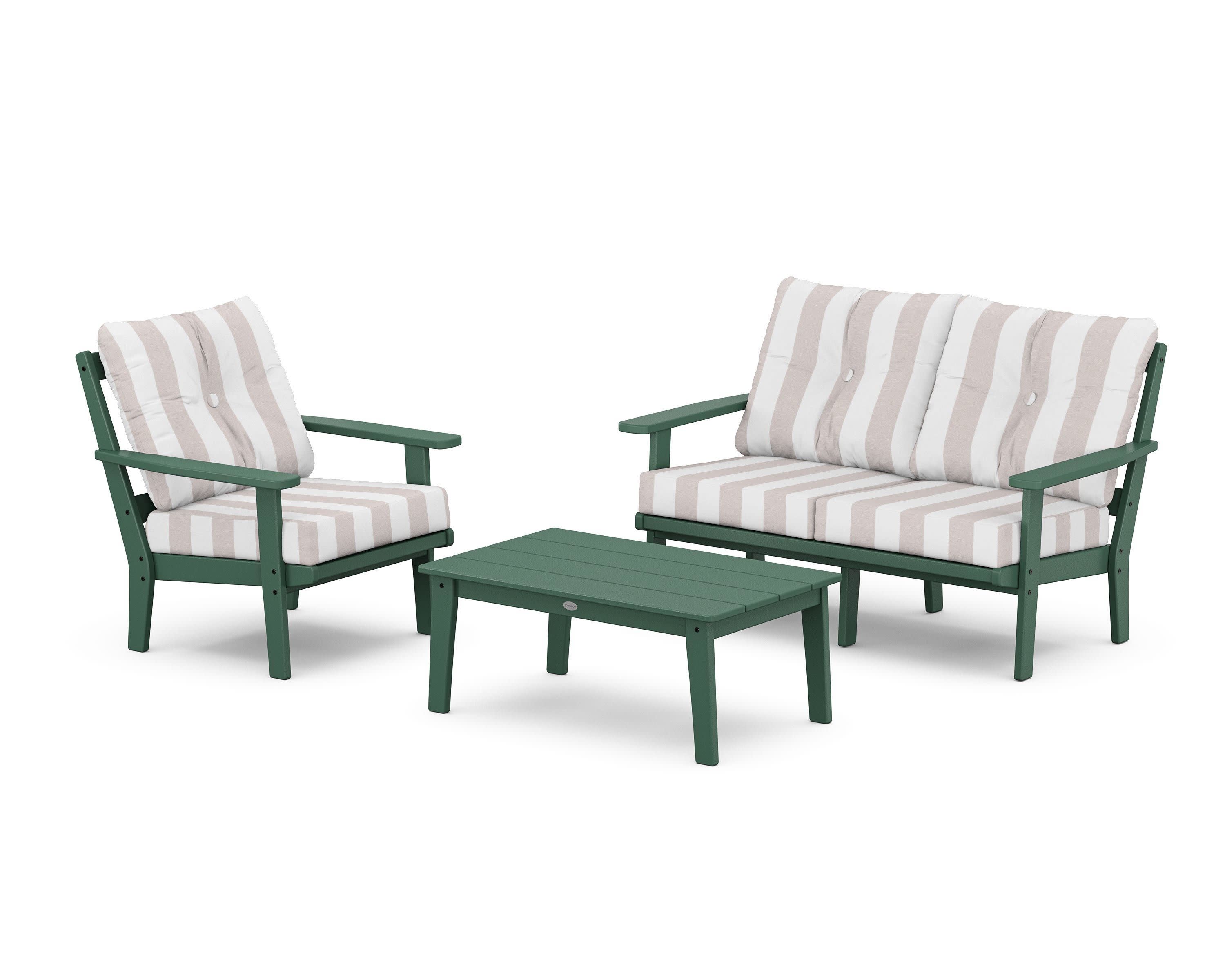 Oxford 3-Piece Deep Seating Set with Loveseat in Green / Cabana Stripe Dune Burlap