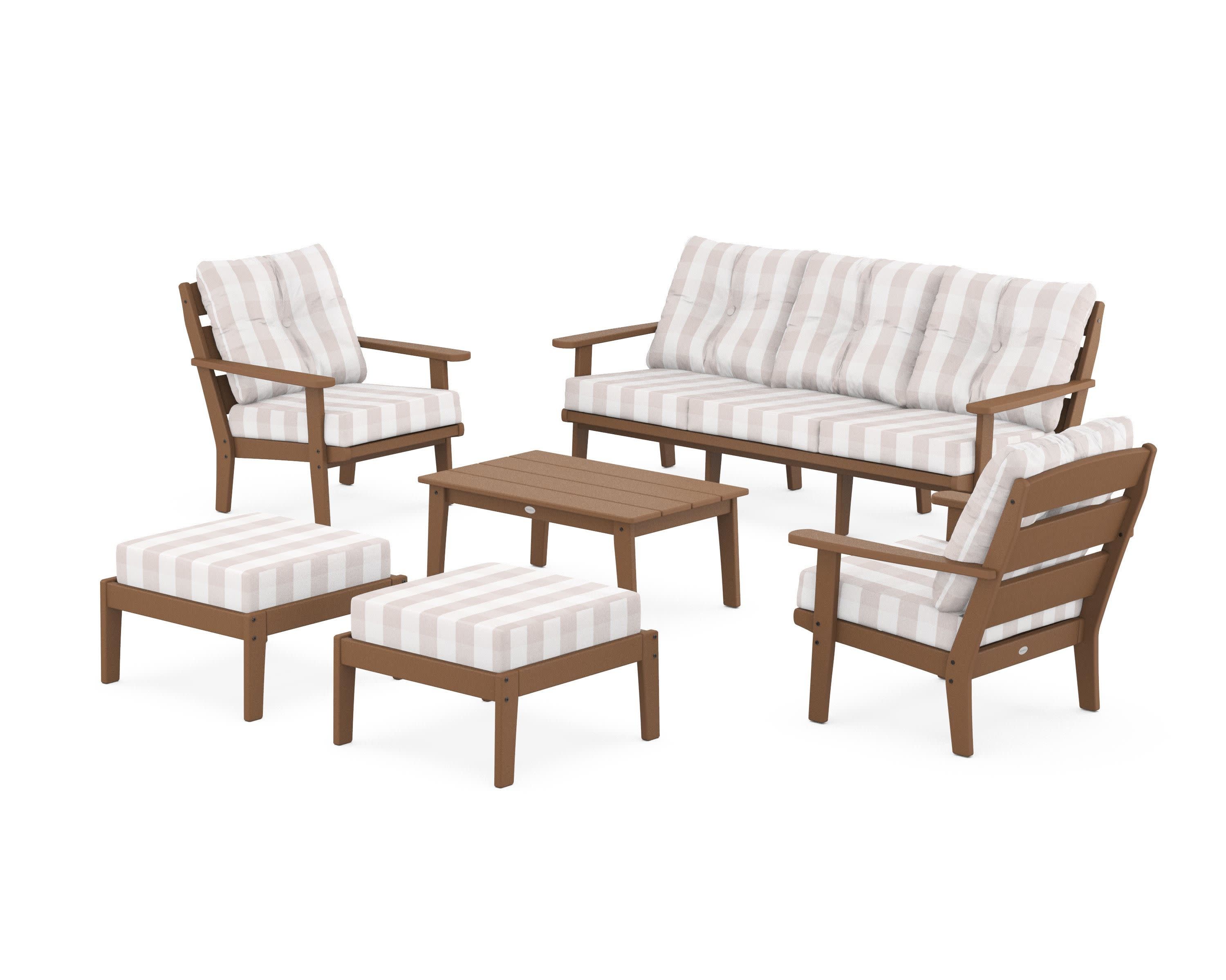 Lakeside 6-Piece Lounge Sofa Set in Teak / Buffalo Plaid Dune Burlap