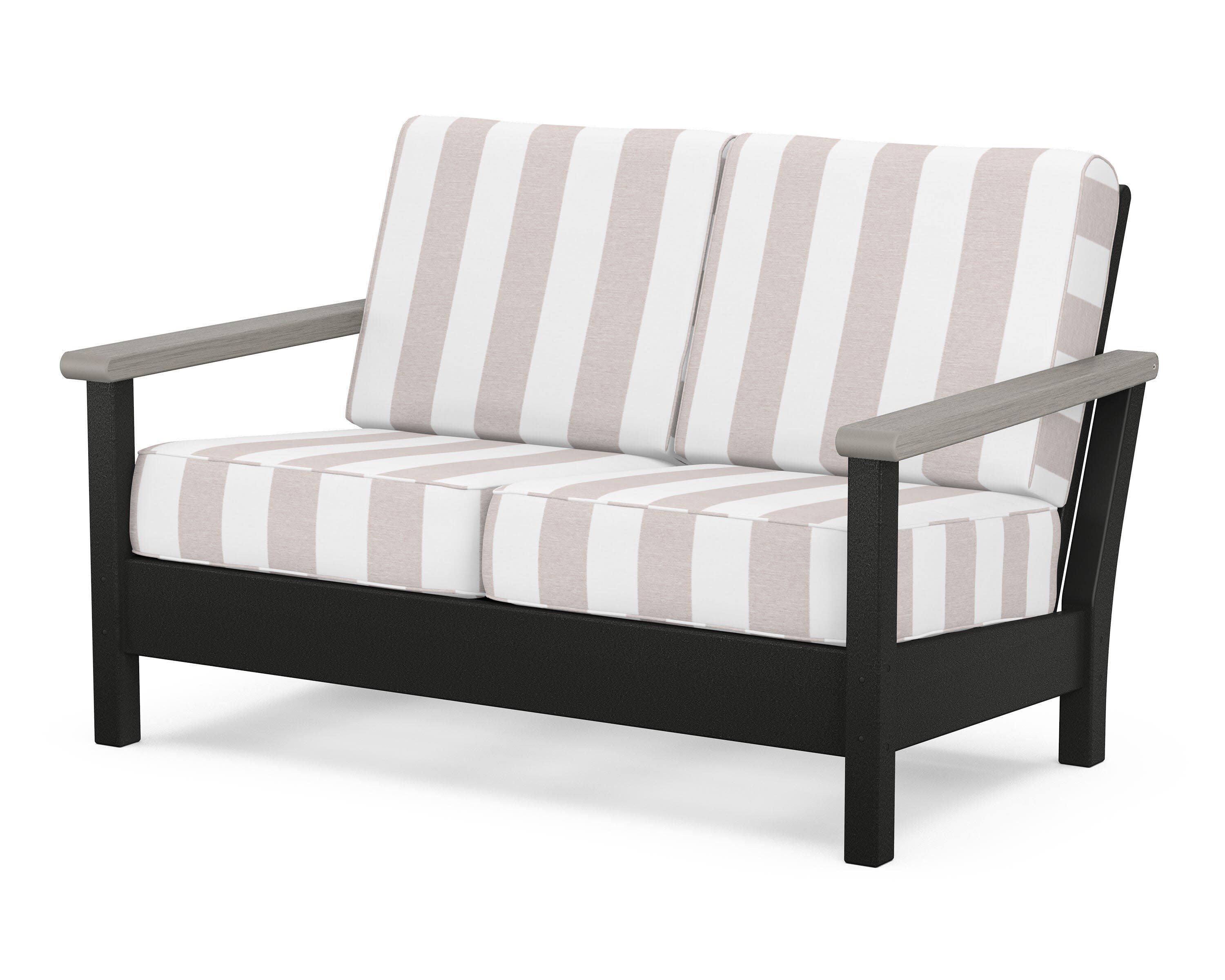 Harbour Deep Seating Loveseat in Black / Driftwood / Cabana Stripe Dune Burlap