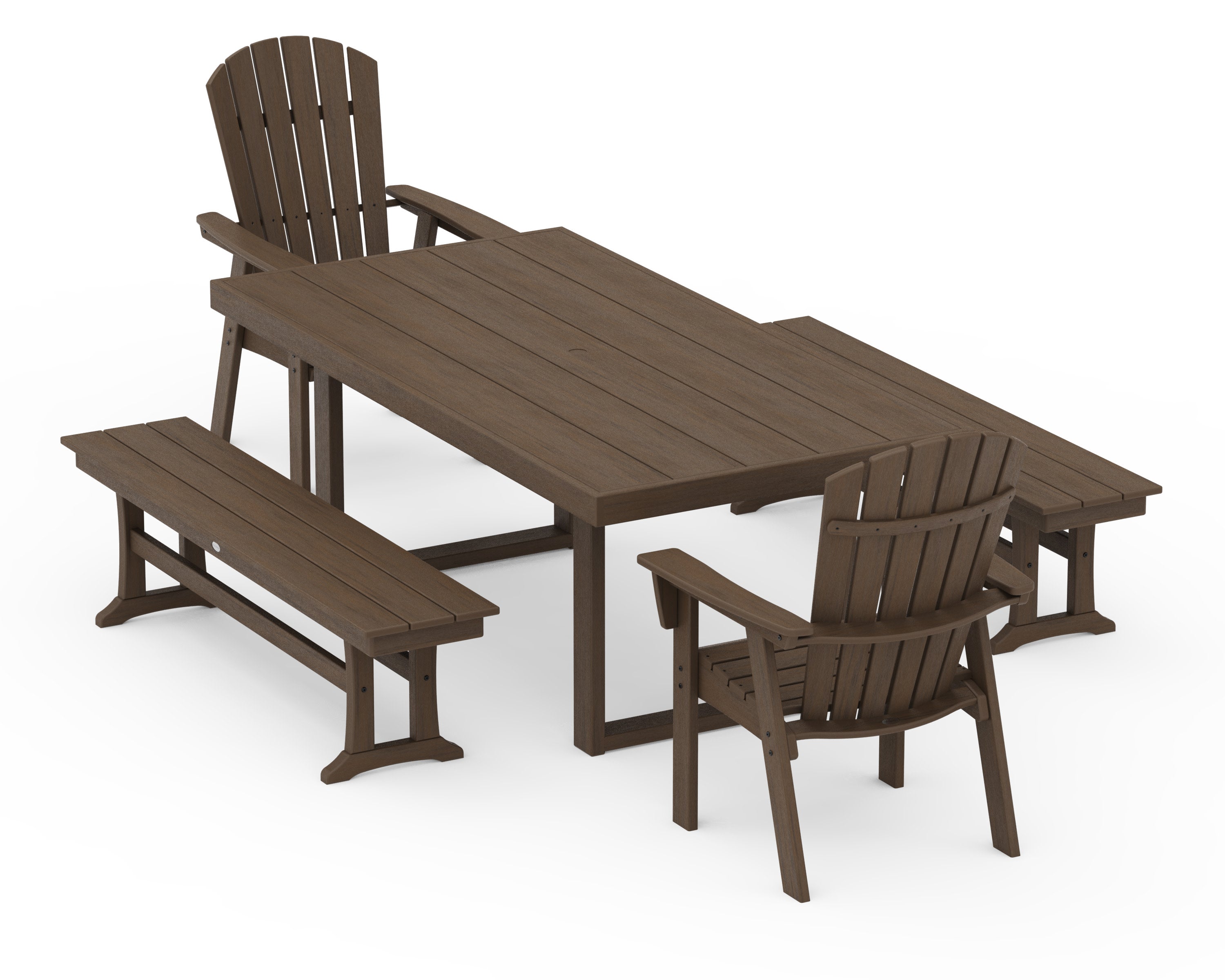 Nautical Curveback Adirondack 5-Piece Dining Set with Benches in Kona