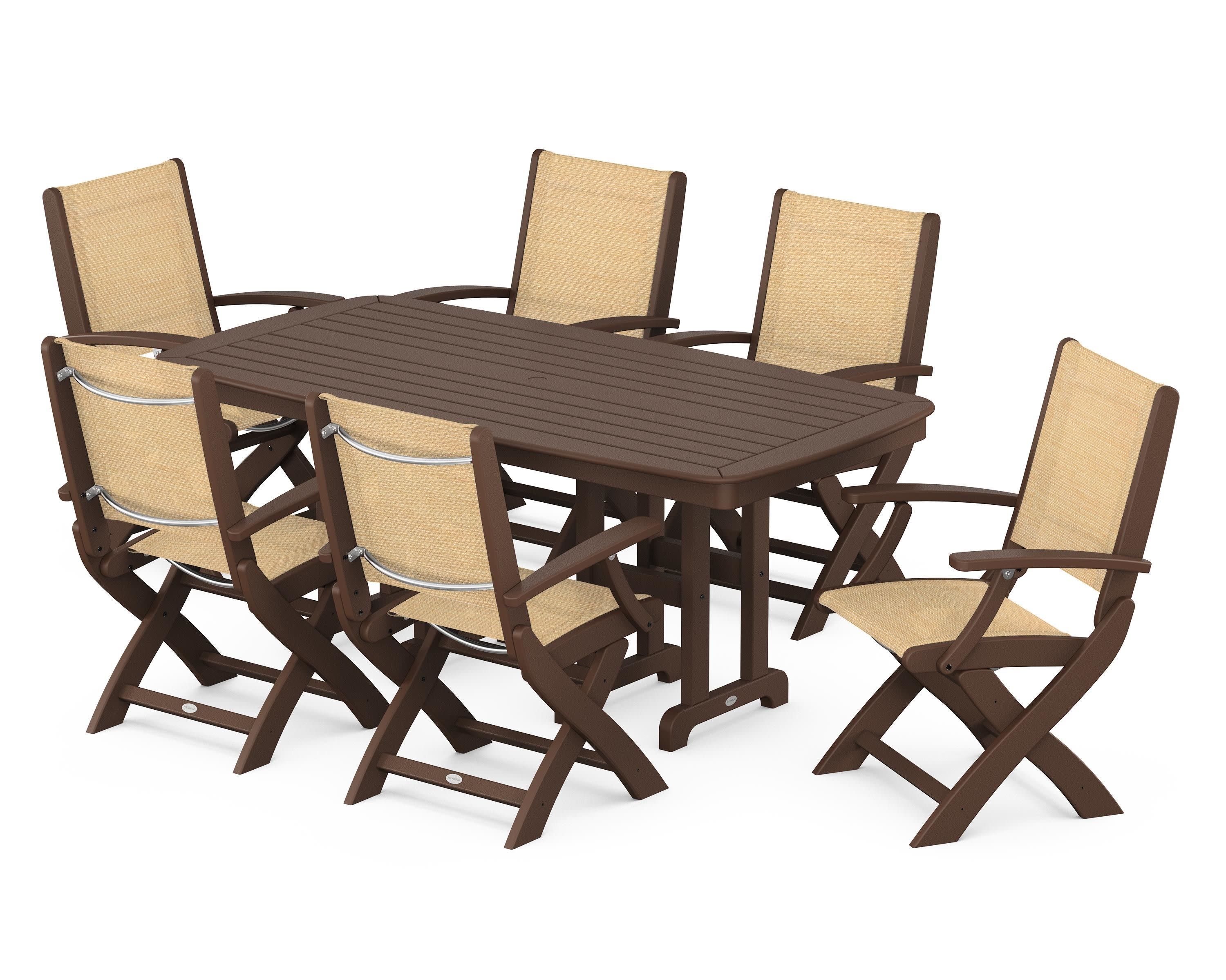 Coastal Folding Arm Chair 7-Piece Dining Set in Mahogany / Dupioni Apricot Sling