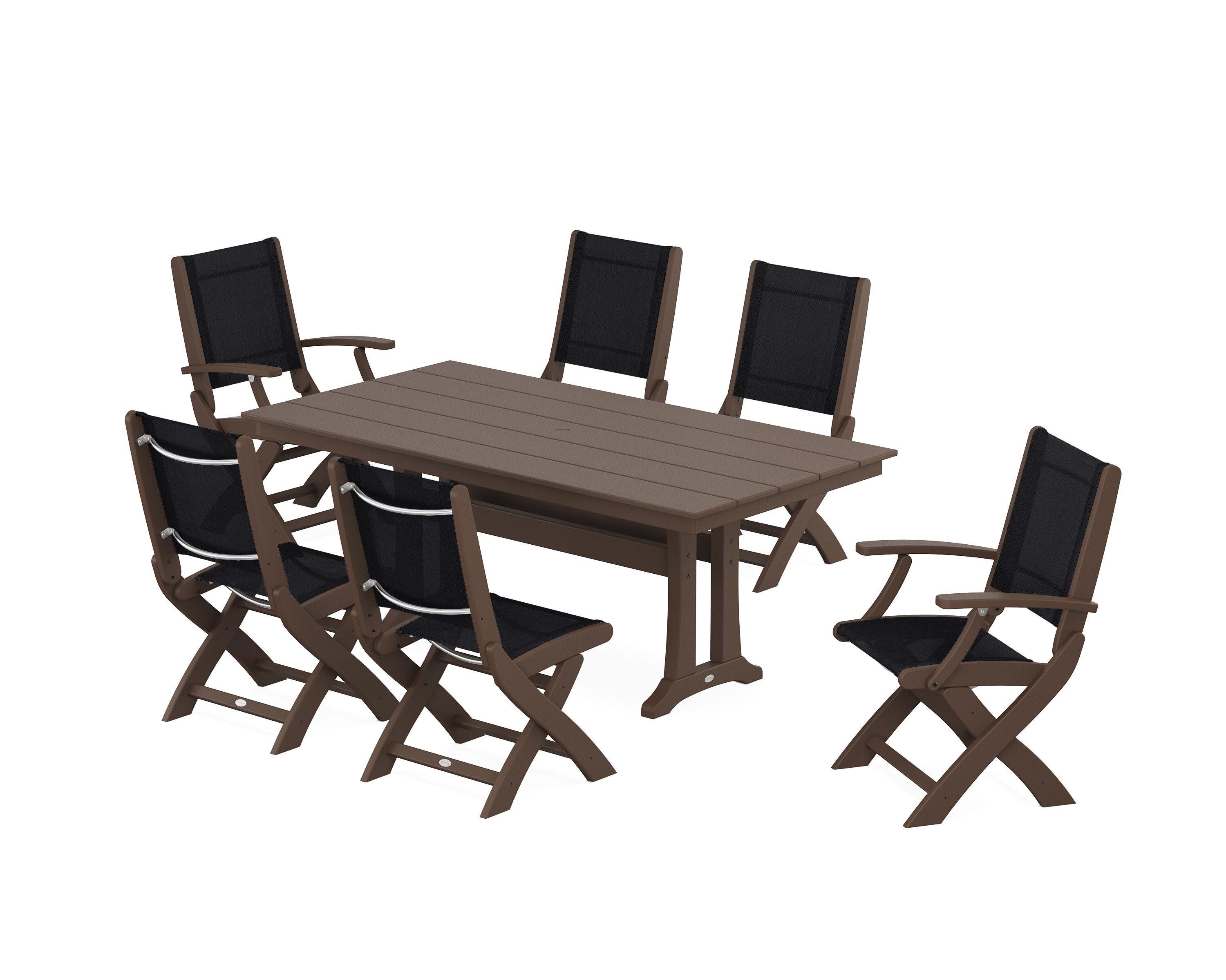Coastal Folding Chair 7-Piece Farmhouse Dining Set with Trestle Legs in Mahogany / Black Sling