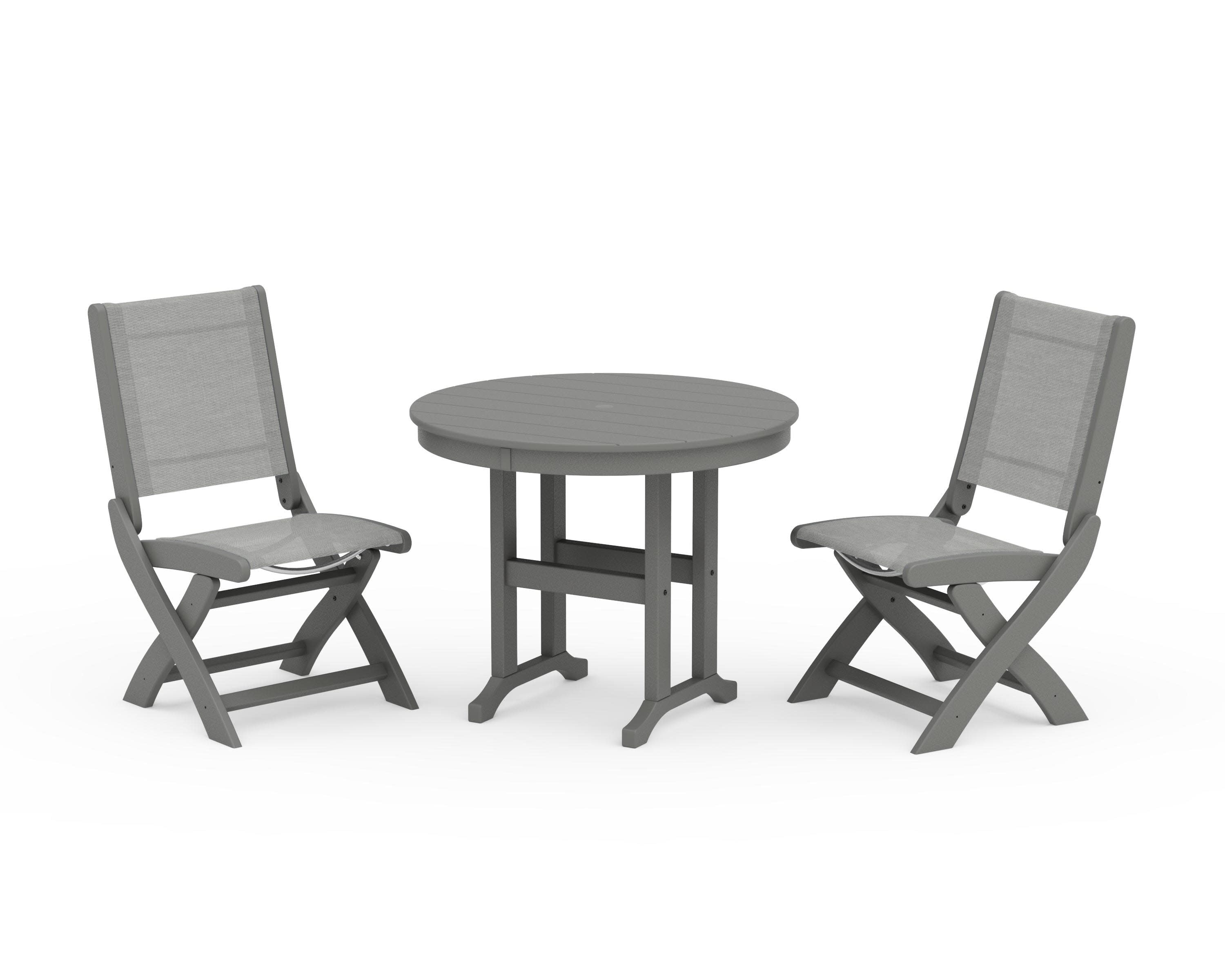 Coastal Folding Side Chair 3-Piece Round Dining Set in Slate Grey / Metallic Sling
