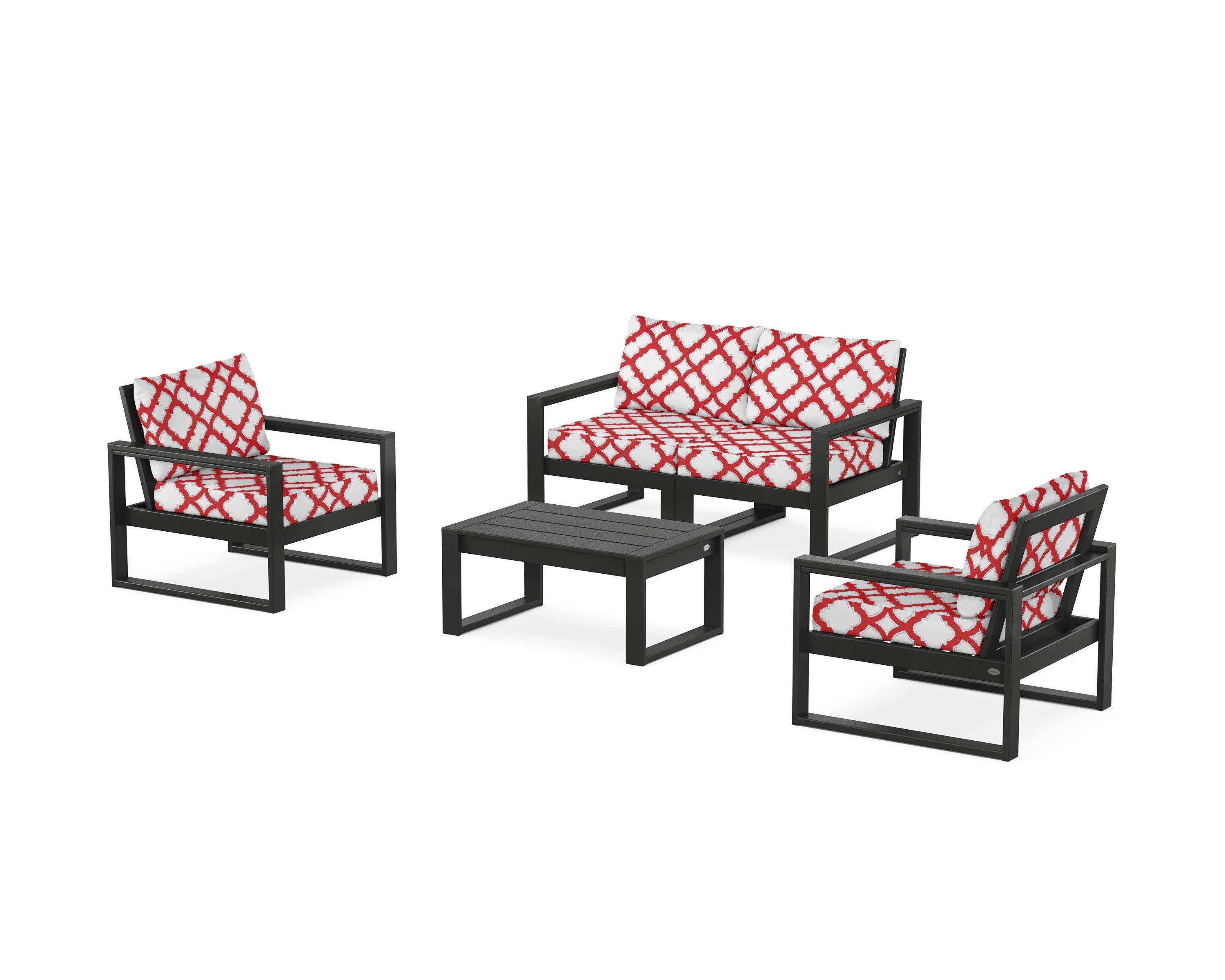EDGE Sectional 4-Piece Deep Seating Set with Loveseat in Black / Trellis Crimson